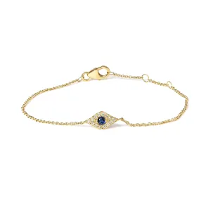 10K Yellow Gold Blue Sapphire and Diamond Accent Evil Eye Station Link Bracelet  (H-I Color, I1-I2 Clarity) - Size 7"
