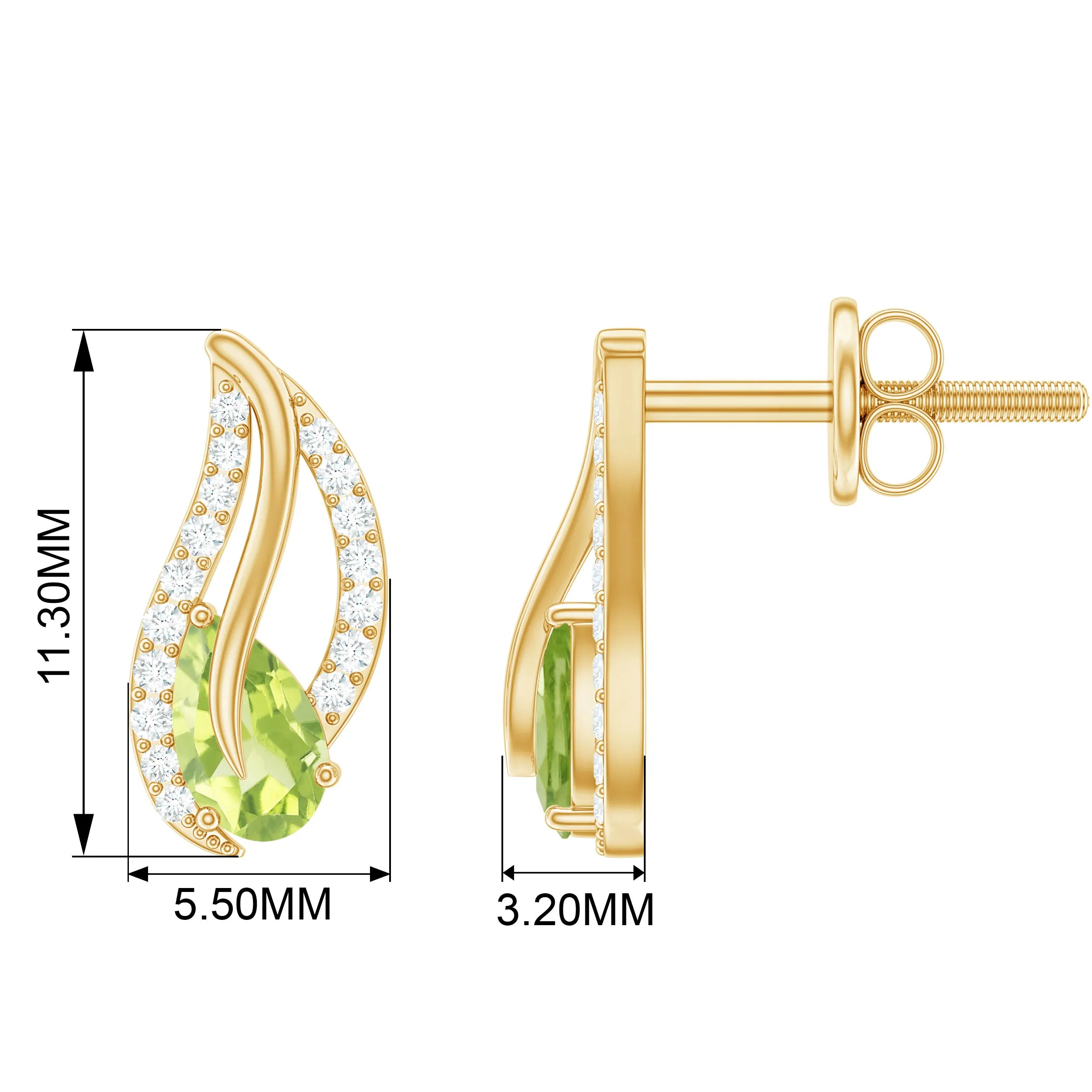 1/2 CT Pear Shape Peridot and Diamond Leaf Stud Earrings