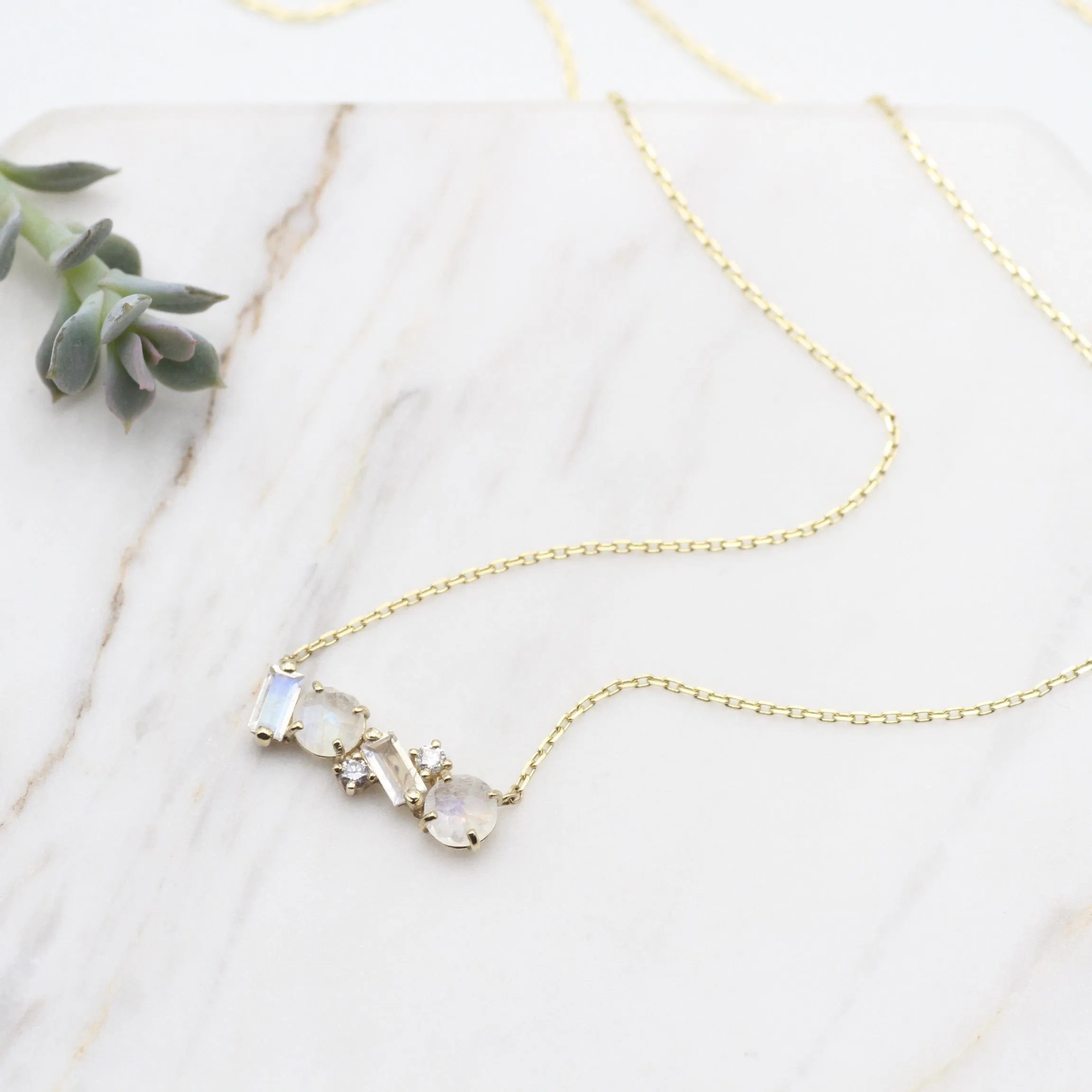 14k Gold Rainbow Moonstone Bar Necklace