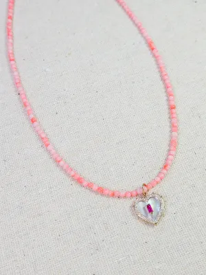 14k Yellow Gold Natural Pink Shell Necklace with Ruby & Diamond Heart Charm 17"