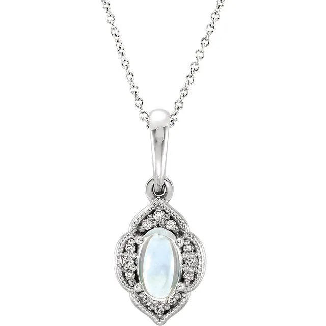 14KT GOLD 1/4 CT MOONSTONE & .03 CTW DIAMOND CLOVER NECKLACE