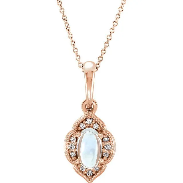 14KT GOLD 1/4 CT MOONSTONE & .03 CTW DIAMOND CLOVER NECKLACE