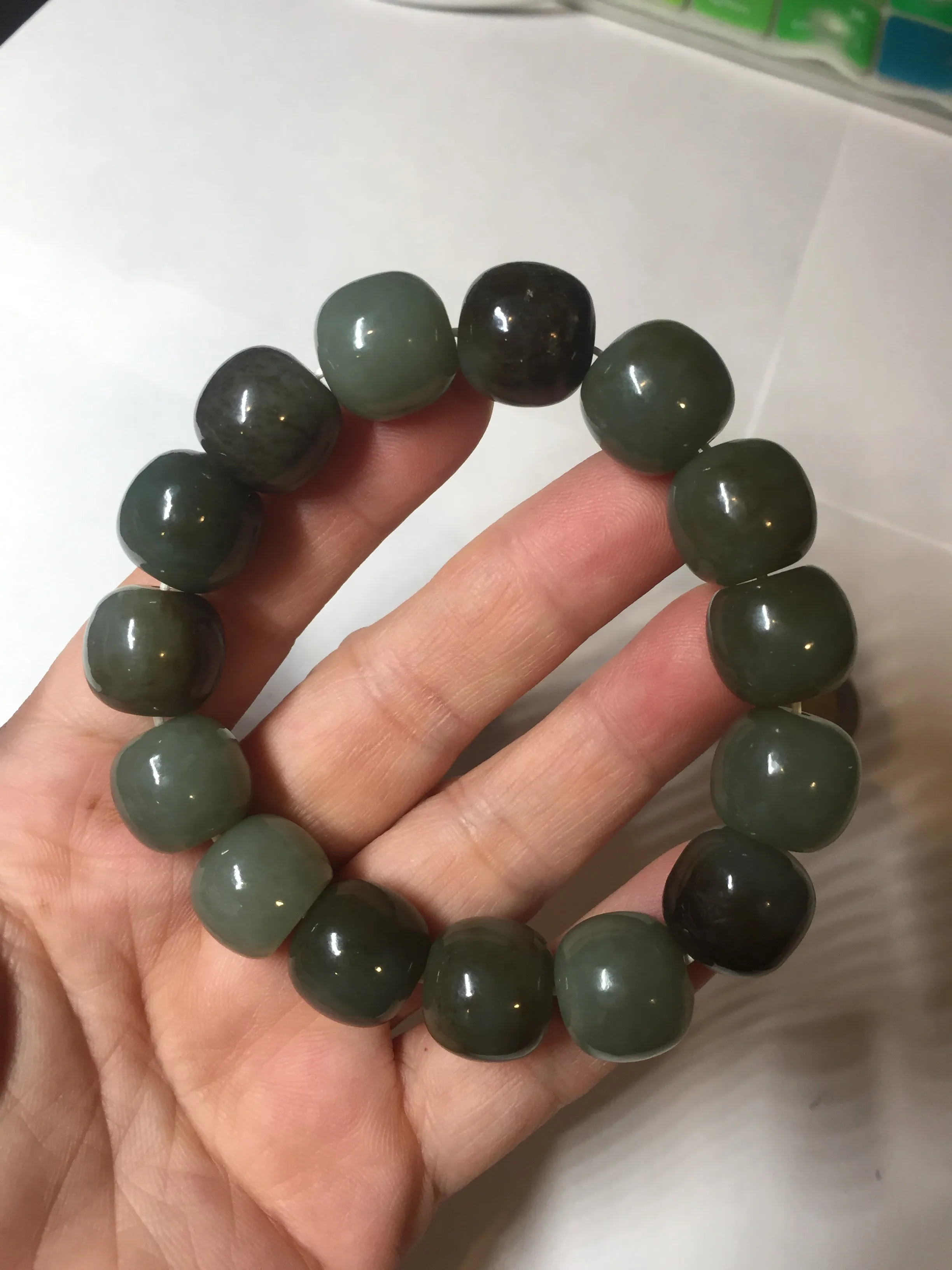 14x13.2mm 100% Natural olive green/brown/black sugar vintage style nephrite Hetian Jade bead bracelet HE87