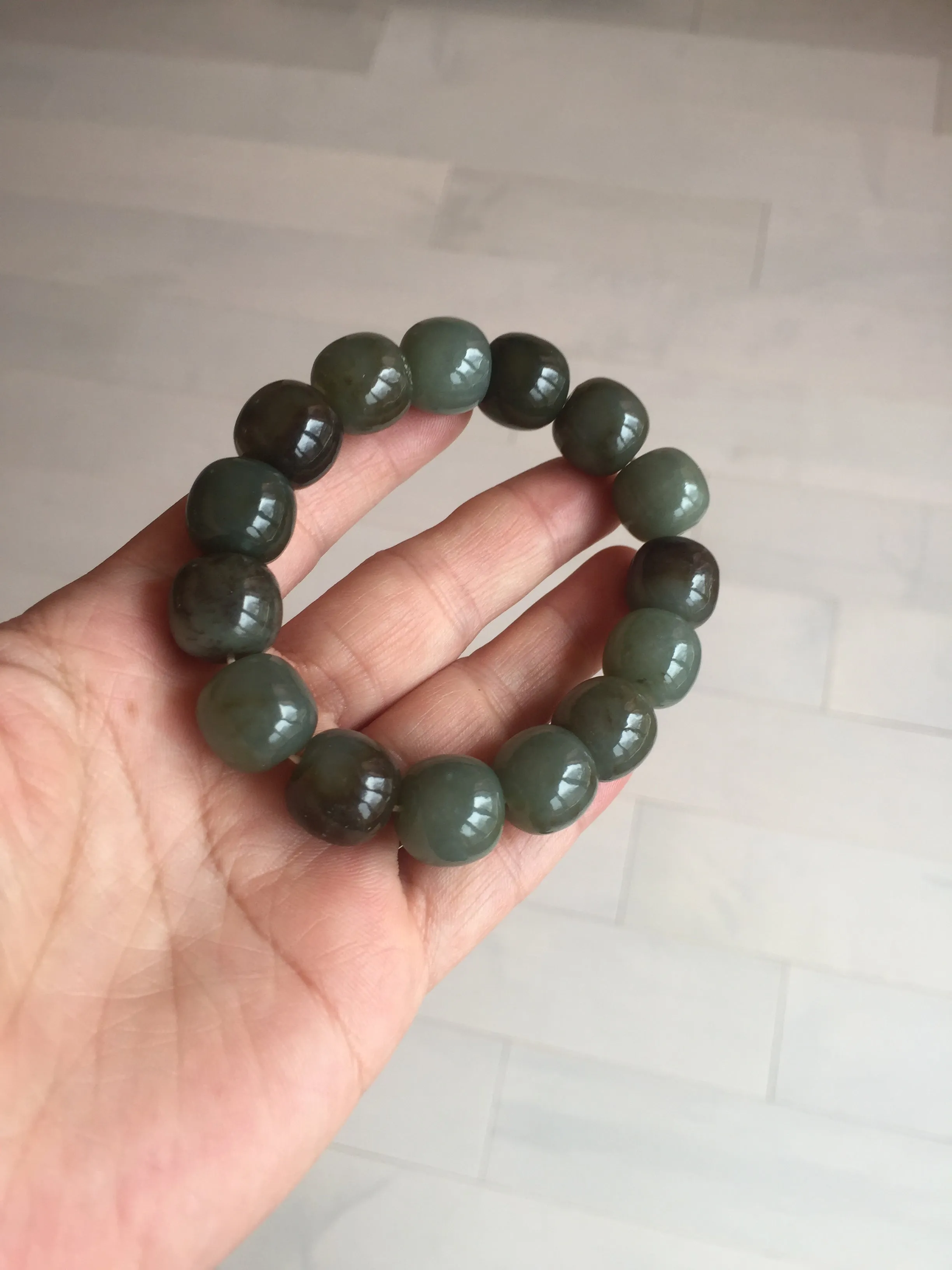 14x13.2mm 100% Natural olive green/brown/black sugar vintage style nephrite Hetian Jade bead bracelet HE87