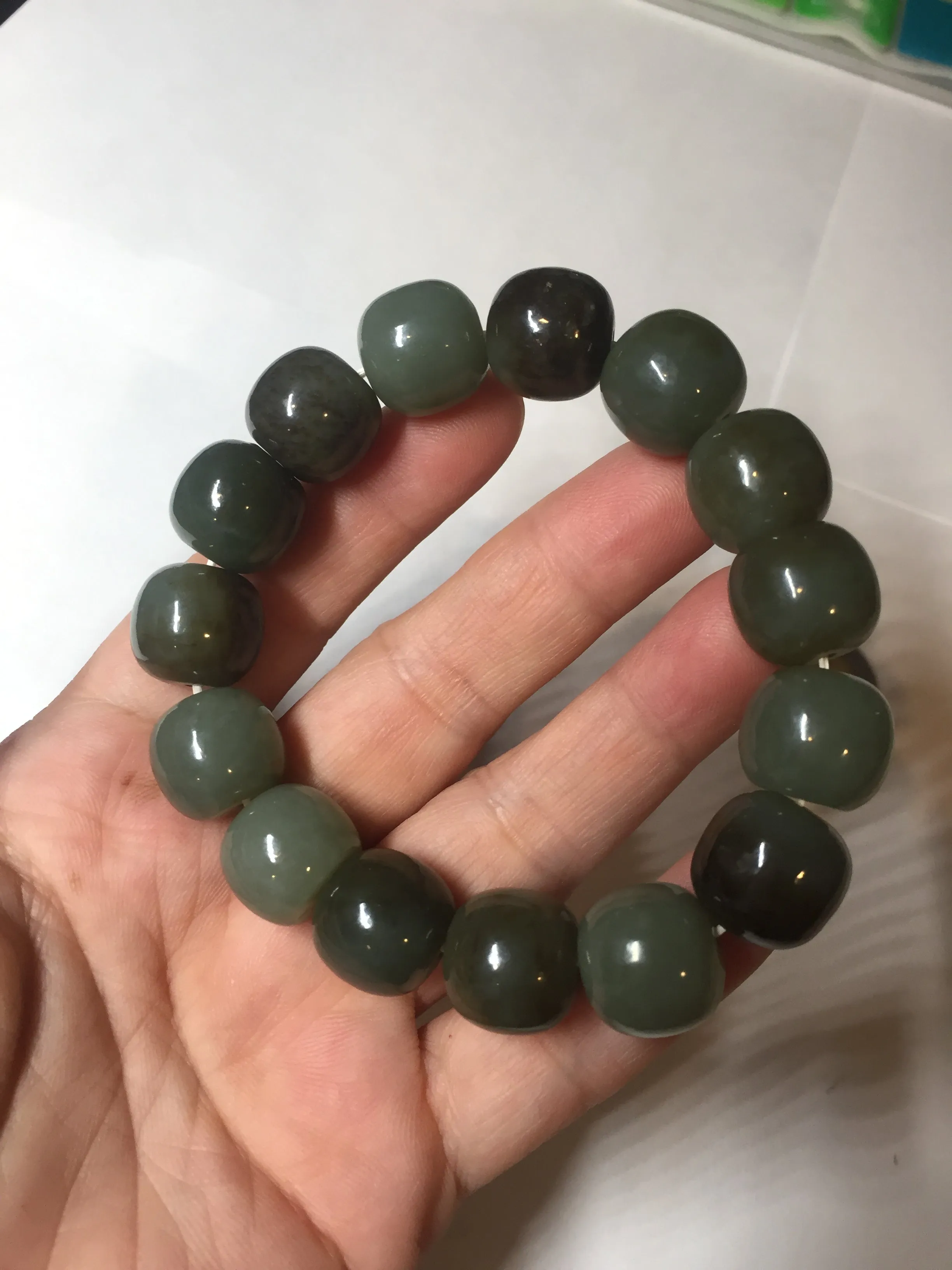 14x13.2mm 100% Natural olive green/brown/black sugar vintage style nephrite Hetian Jade bead bracelet HE87