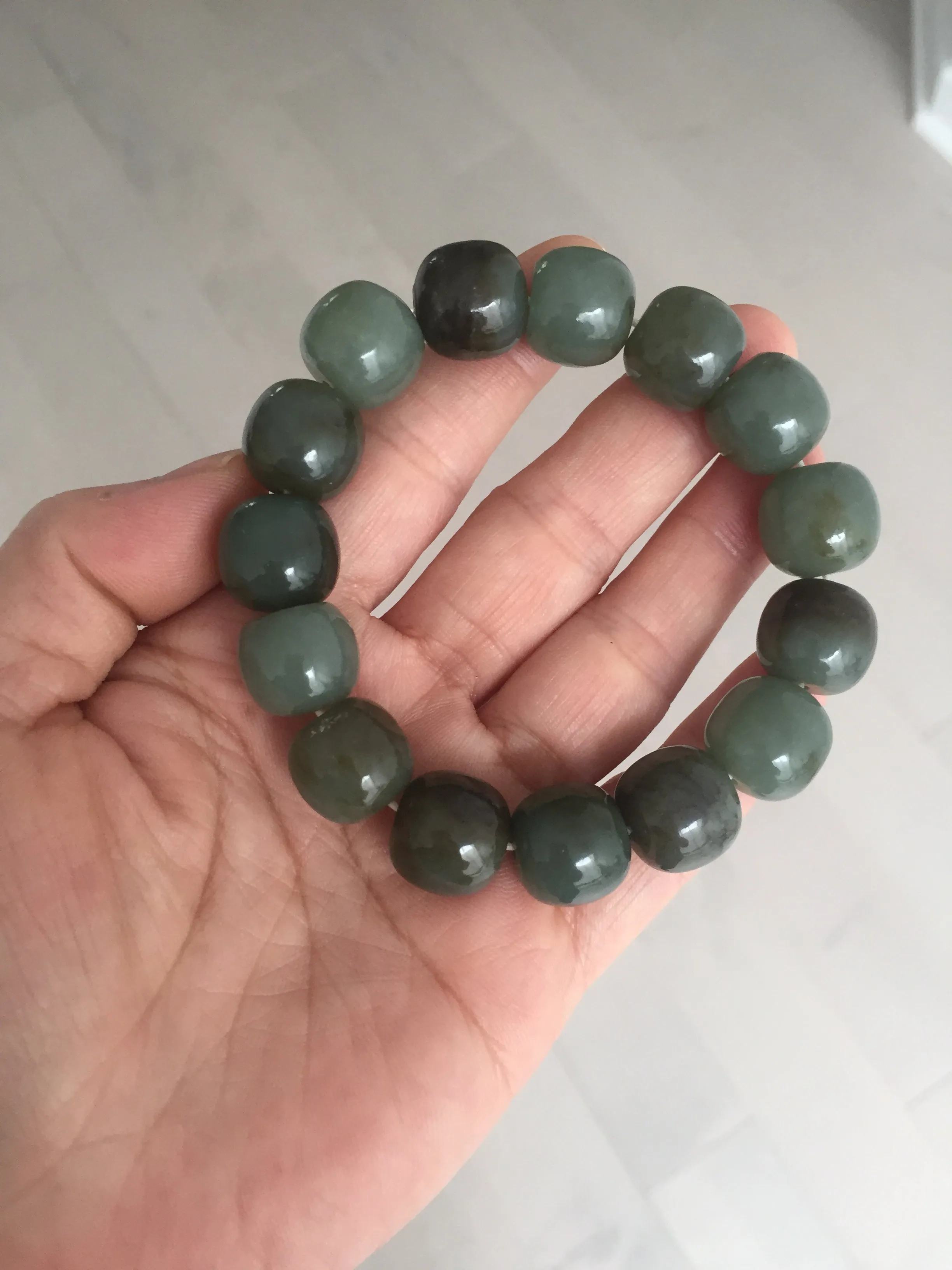 14x13.2mm 100% Natural olive green/brown/black sugar vintage style nephrite Hetian Jade bead bracelet HE87