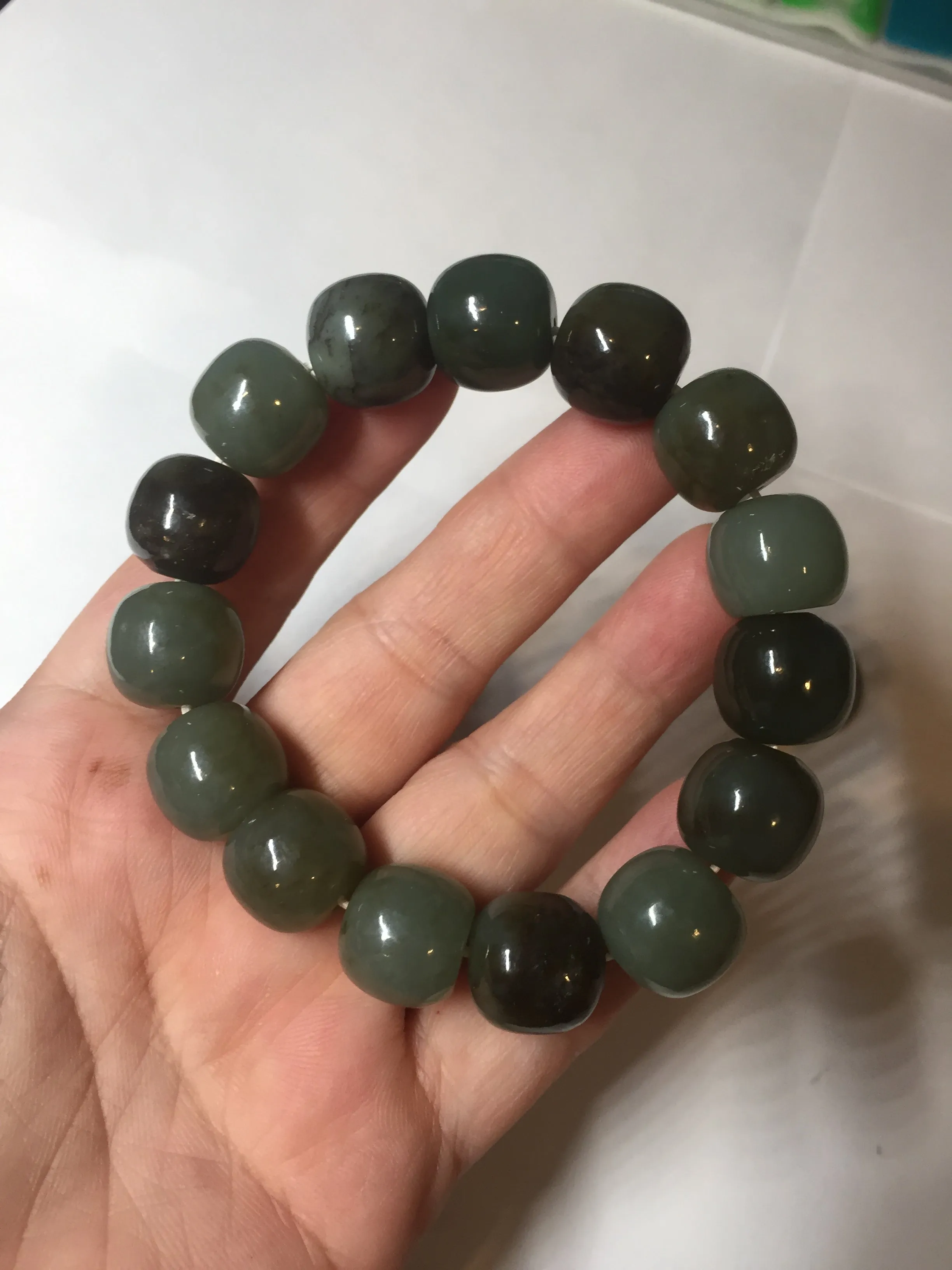 14x13.2mm 100% Natural olive green/brown/black sugar vintage style nephrite Hetian Jade bead bracelet HE87