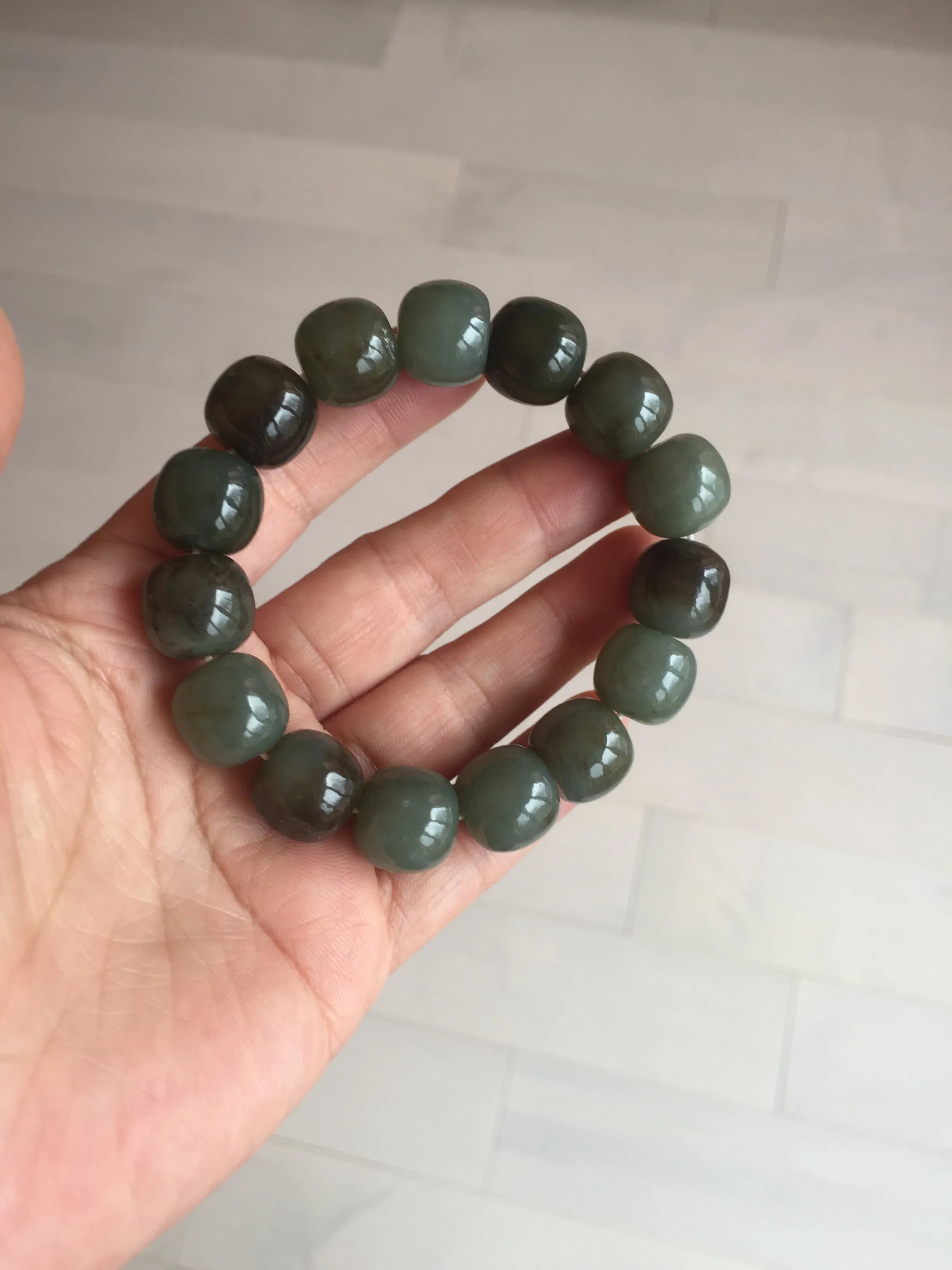 14x13.2mm 100% Natural olive green/brown/black sugar vintage style nephrite Hetian Jade bead bracelet HE87