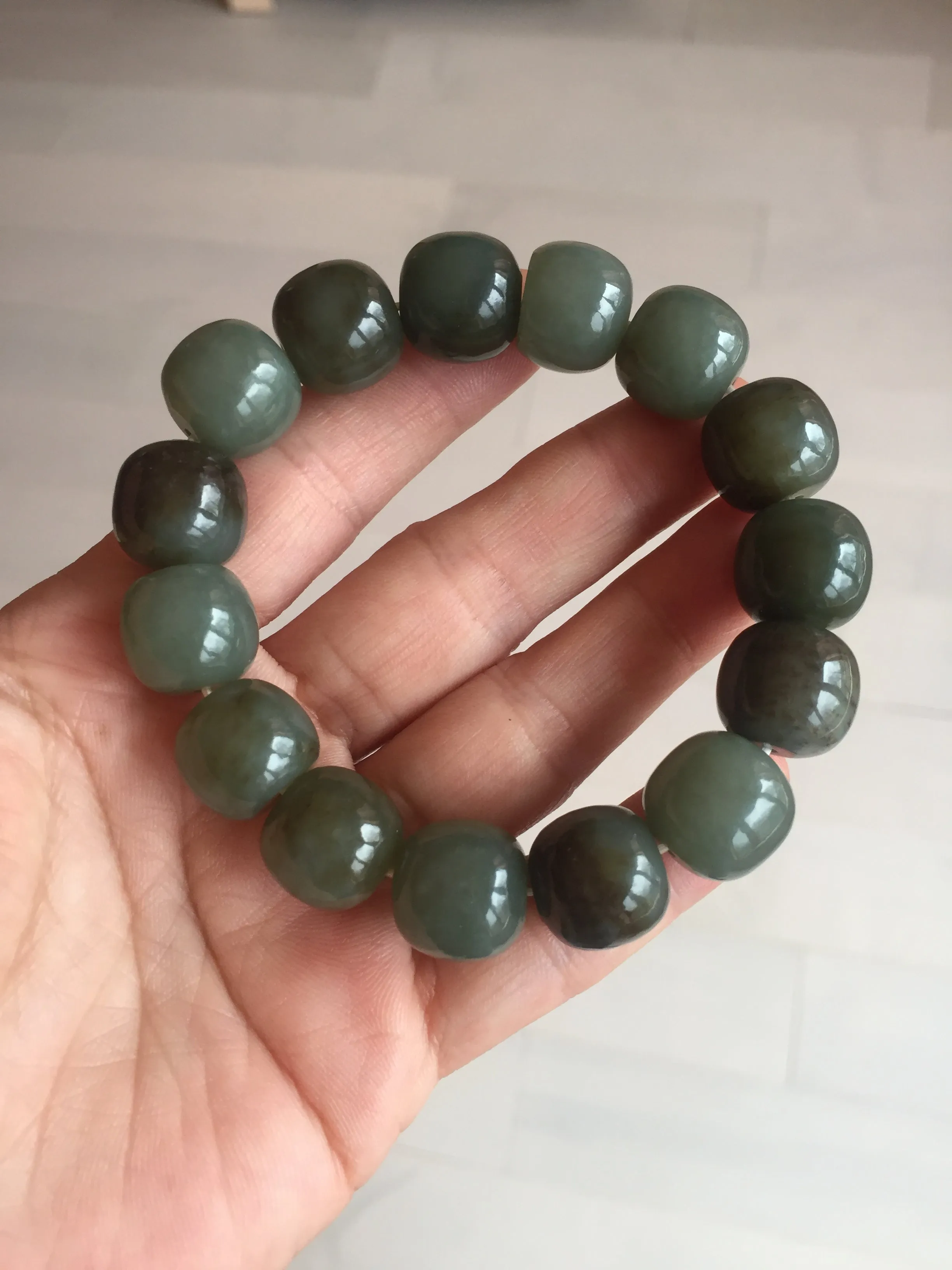 14x13.2mm 100% Natural olive green/brown/black sugar vintage style nephrite Hetian Jade bead bracelet HE87