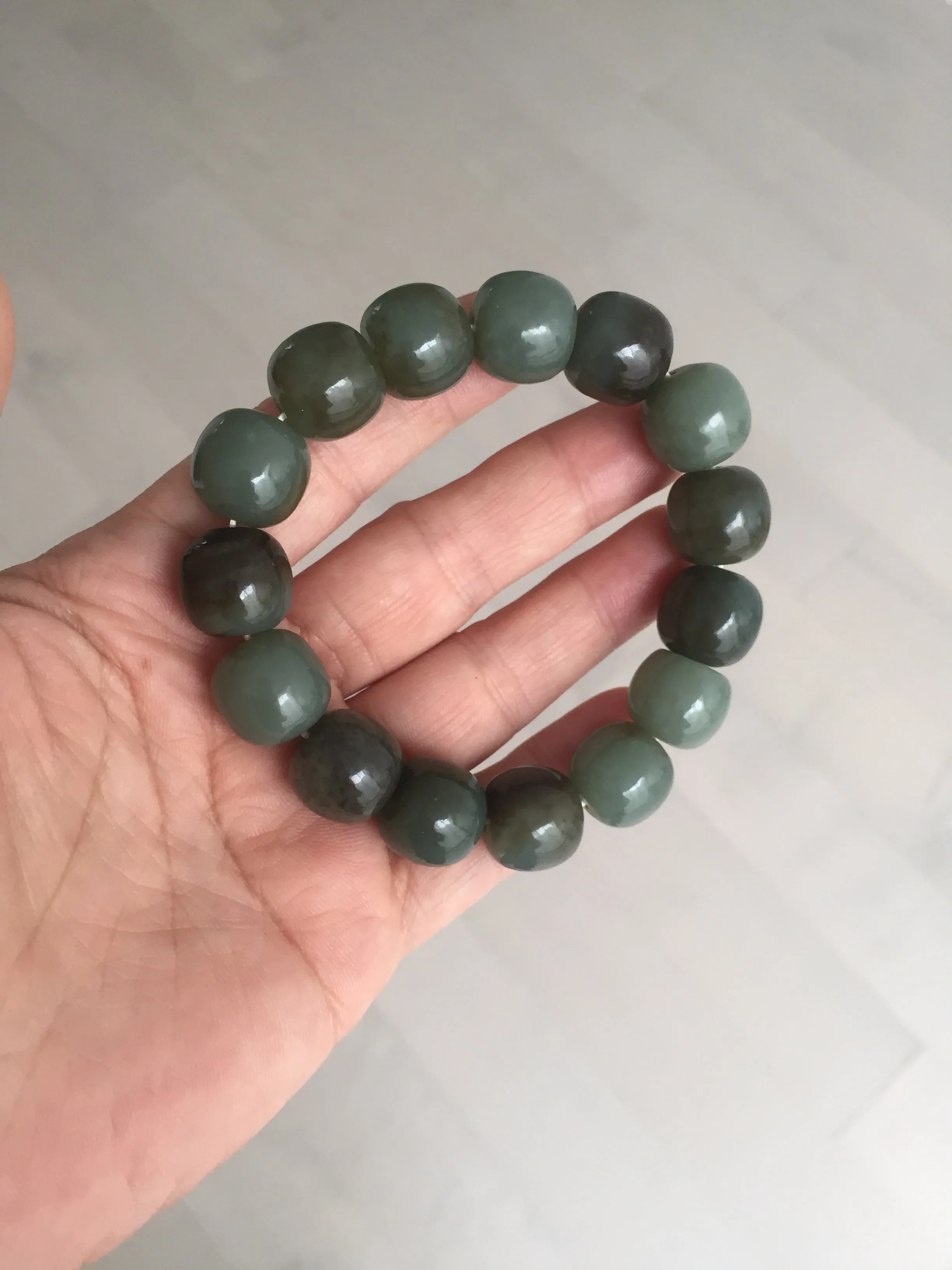 14x13.2mm 100% Natural olive green/brown/black sugar vintage style nephrite Hetian Jade bead bracelet HE87