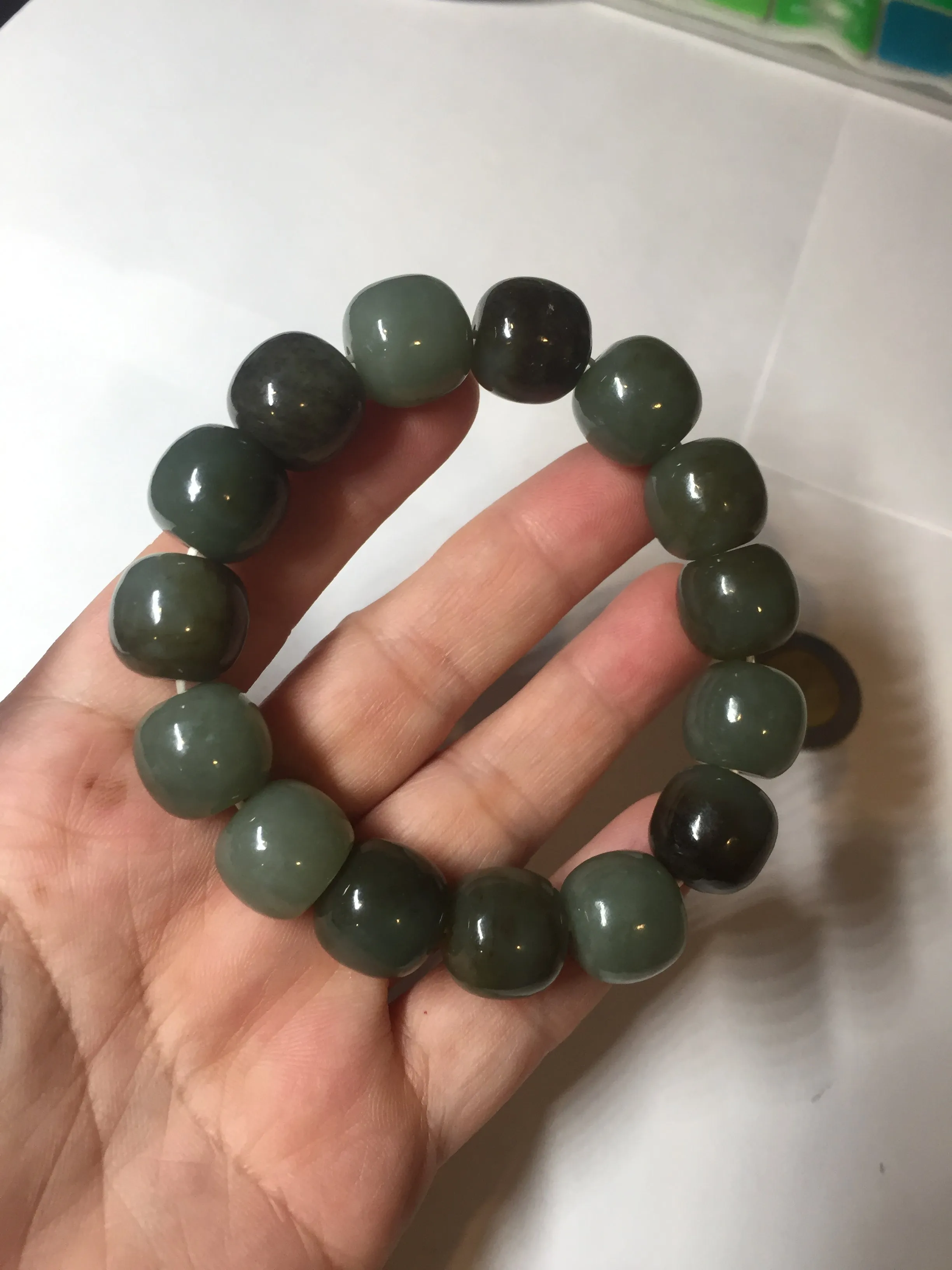 14x13.2mm 100% Natural olive green/brown/black sugar vintage style nephrite Hetian Jade bead bracelet HE87