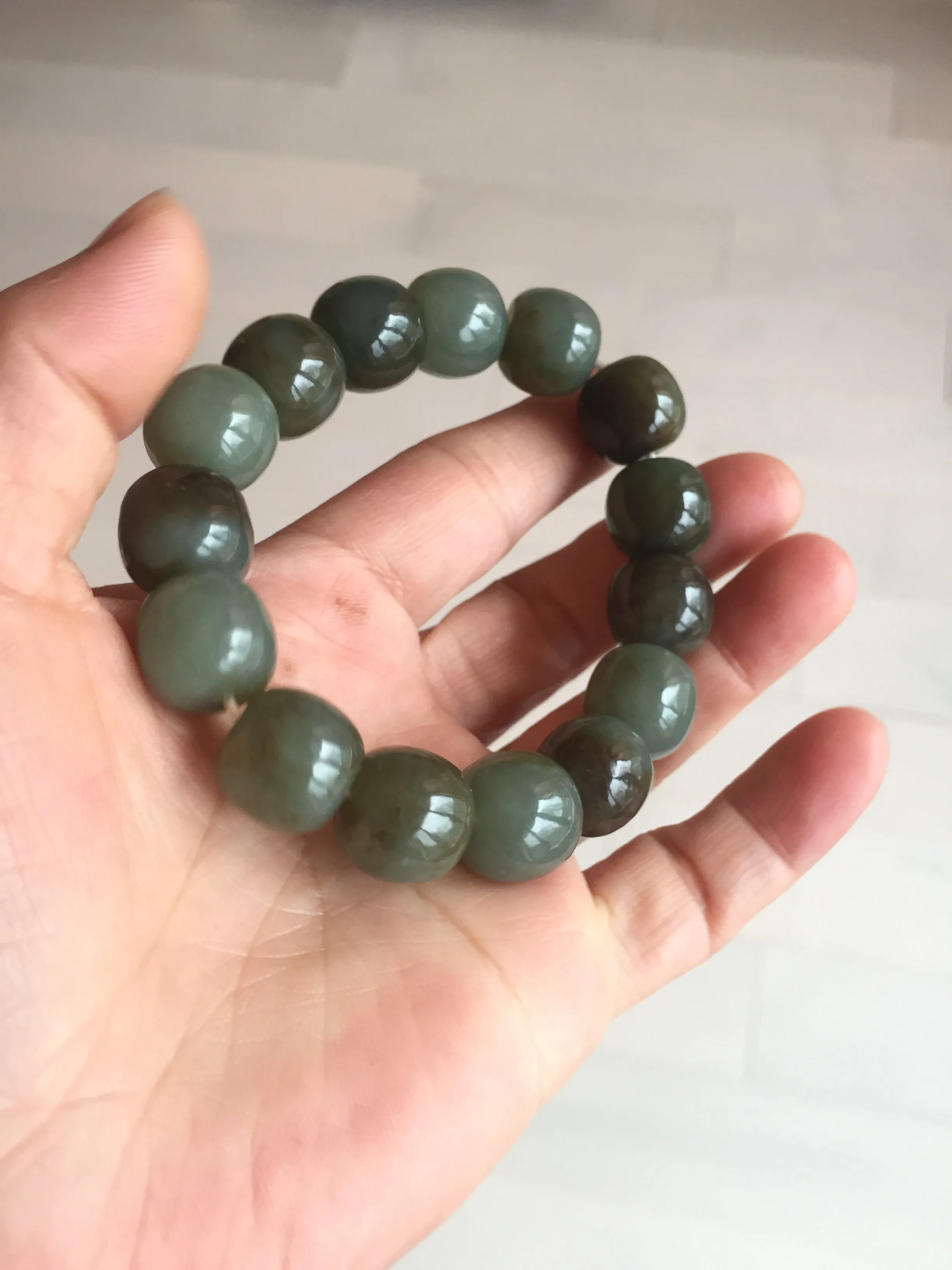14x13.2mm 100% Natural olive green/brown/black sugar vintage style nephrite Hetian Jade bead bracelet HE87