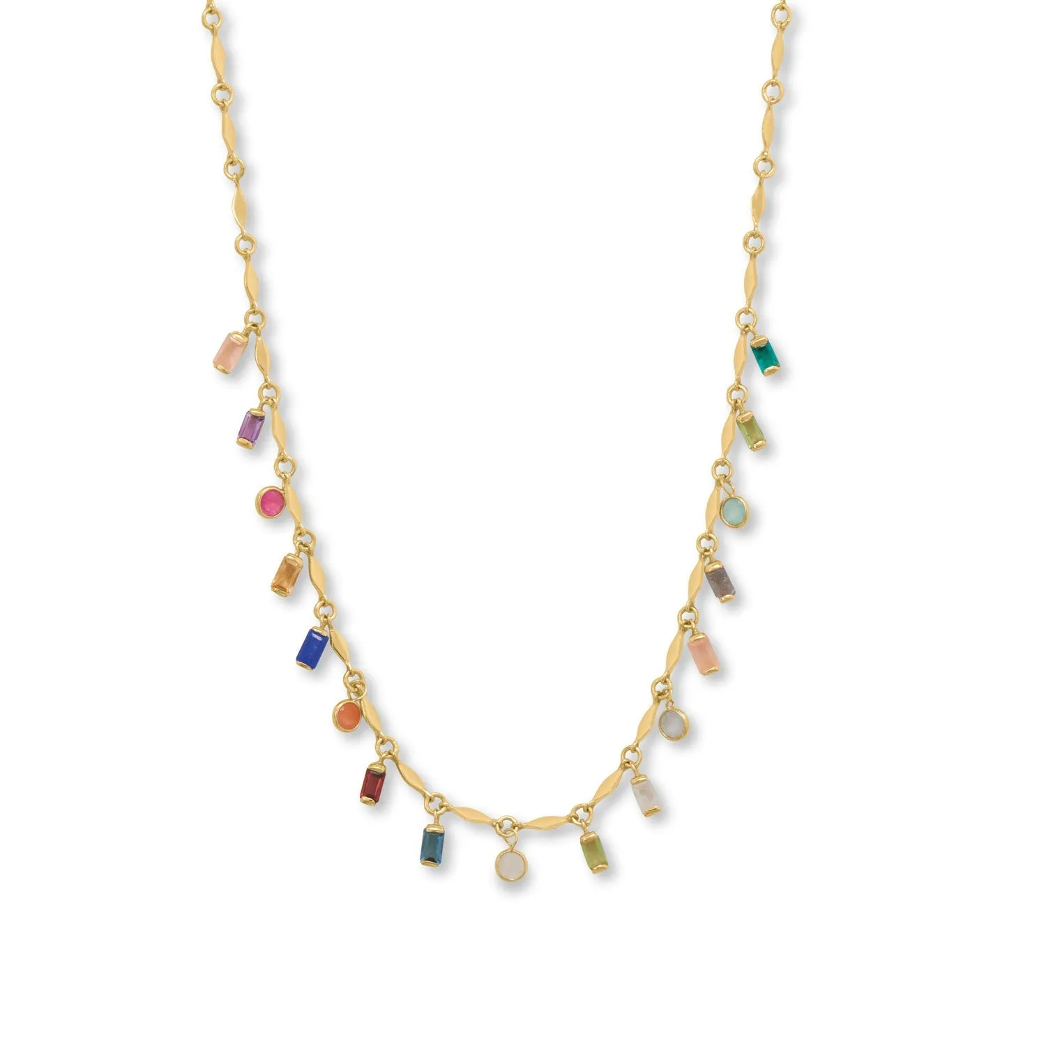 16"   2" 14 Karat Gold Plated Round and Baguette Multi Stone Necklace