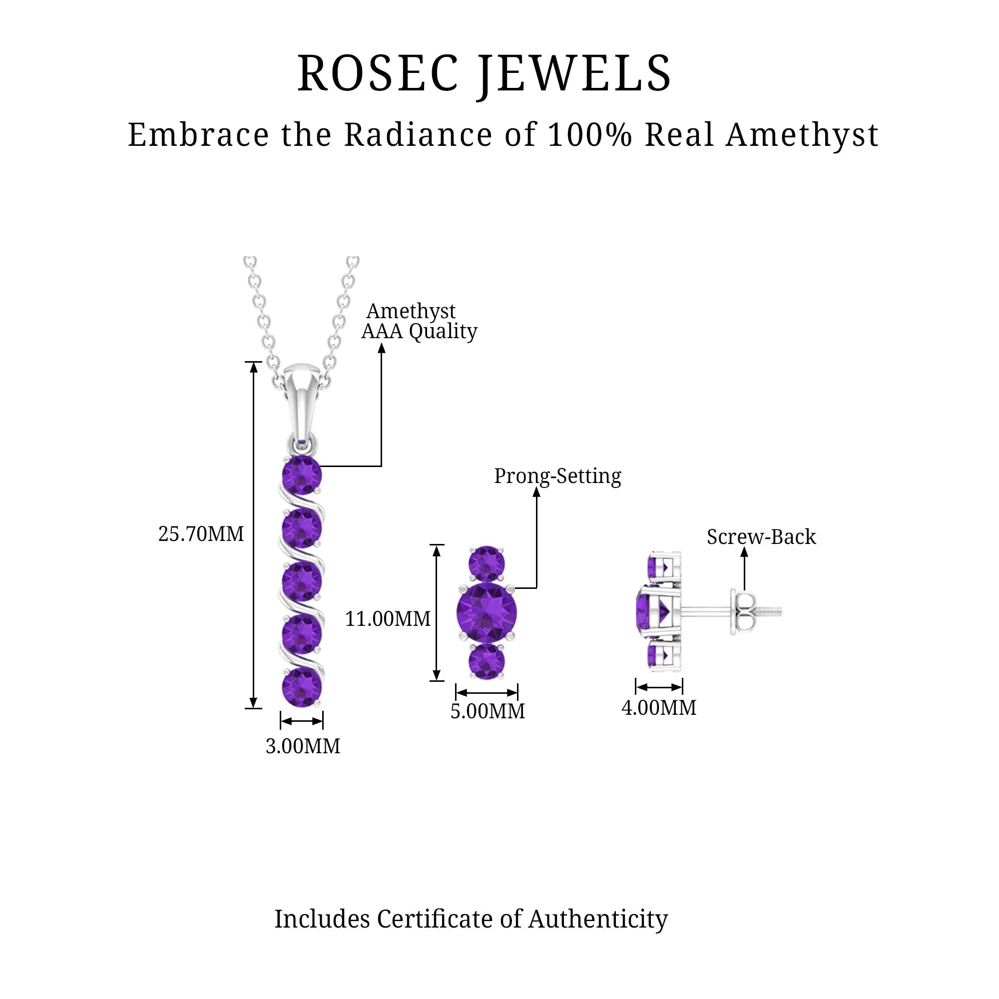 1.75 CT Amethyst Bar Necklace and Earring Set