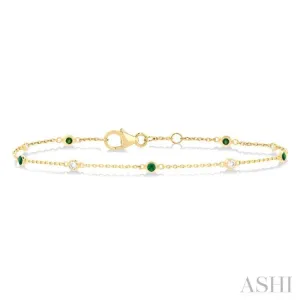 1.8 MM Emerald and 1/10 ctw Bezel Set Round Cut Diamond Precious Gemstone Station Bracelet in 14K Yellow Gold