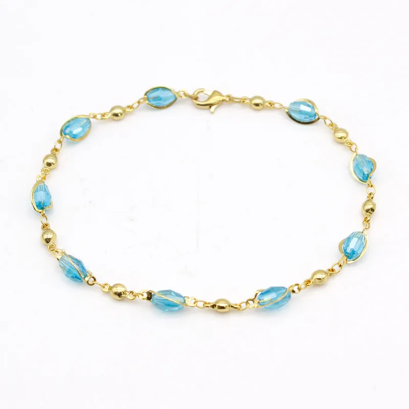 18K GOLD Filled High Polish Finsh AQUAMARINE OVAL CRYSTAL ANKLE BRACELET