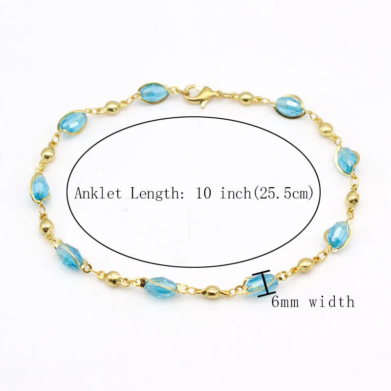 18K GOLD Filled High Polish Finsh AQUAMARINE OVAL CRYSTAL ANKLE BRACELET