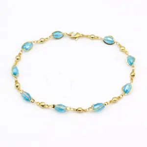 18K GOLD Filled High Polish Finsh AQUAMARINE OVAL CRYSTAL ANKLE BRACELET