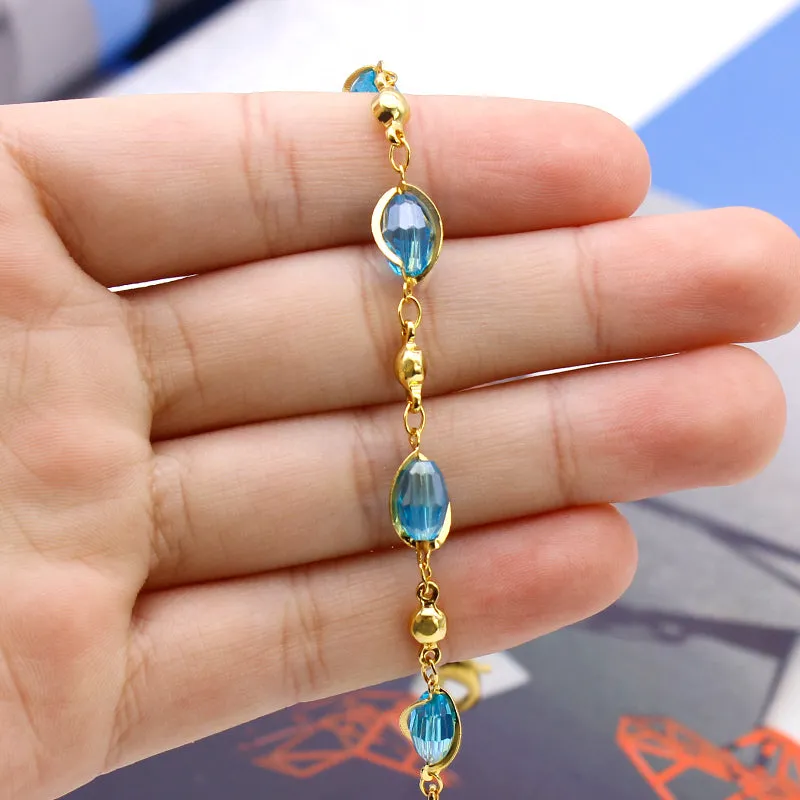 18K GOLD Filled High Polish Finsh AQUAMARINE OVAL CRYSTAL ANKLE BRACELET