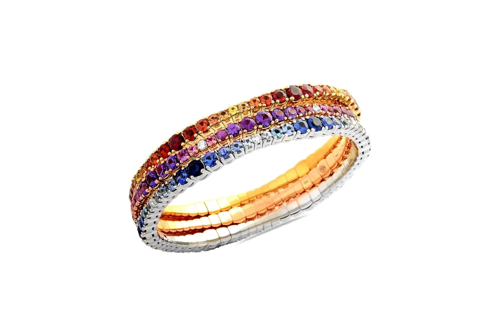 18K Gold Stretch Ruby, Orange & Yellow Sapphire Ombre Tennis Bracelet