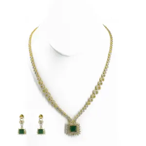 18K Multi Tone Gold Diamond Earring & Necklace Set W/ VVS Diamonds & Emeralds on Square Pendant