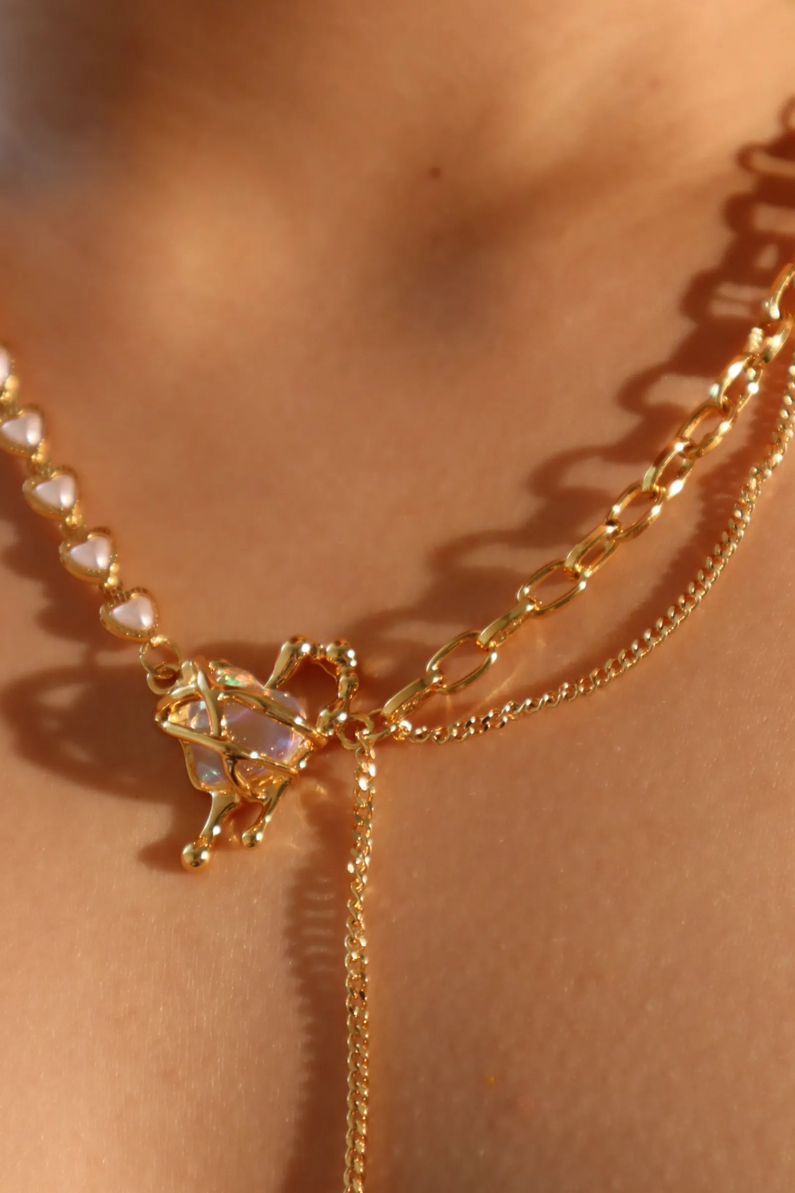 18K Real Gold Plated Moonstone Heart Pearls Necklace