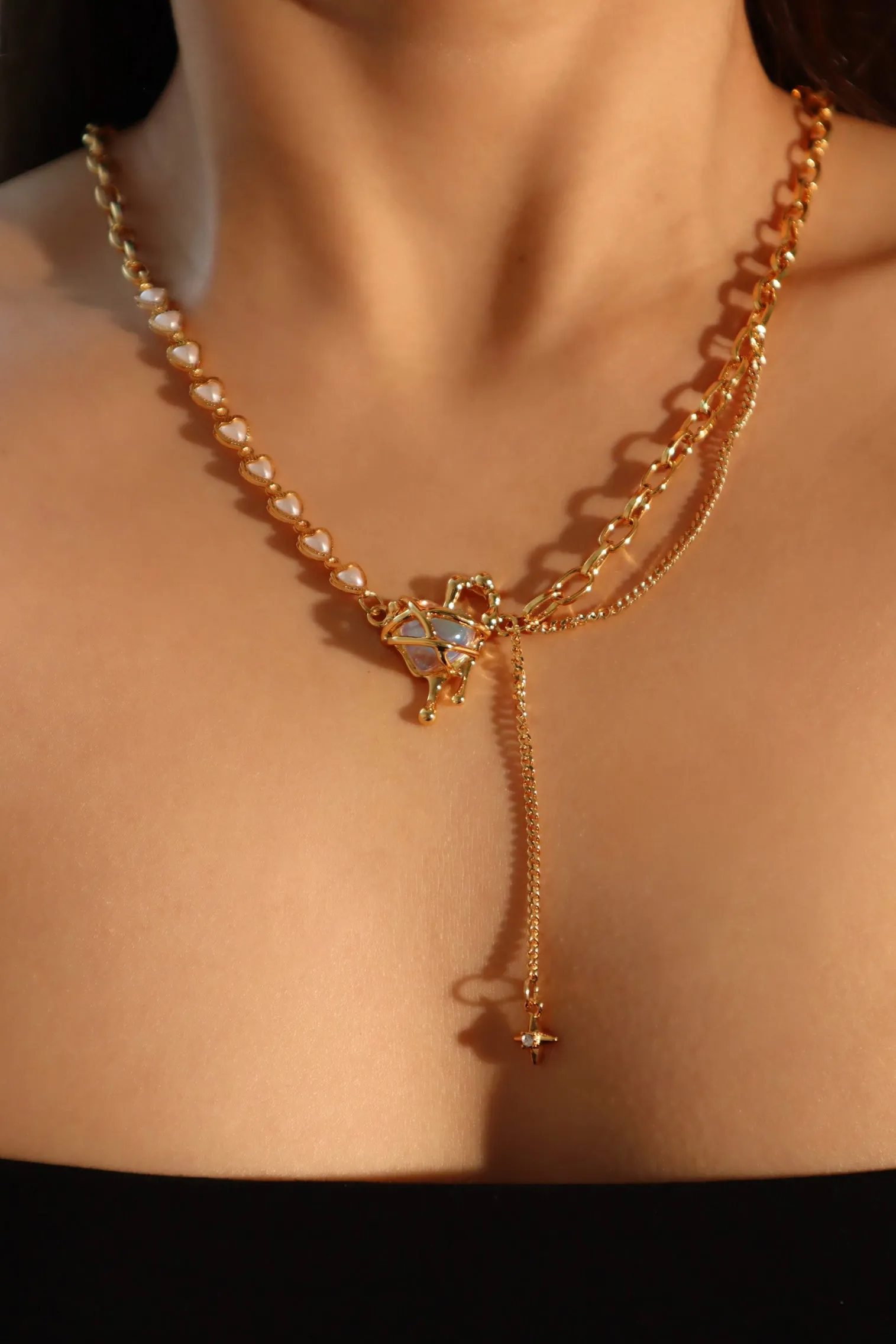 18K Real Gold Plated Moonstone Heart Pearls Necklace
