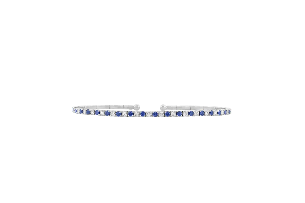 18k White Gold Alternating Diamond and Blue Sapphire Flexible Bangle Bracelet