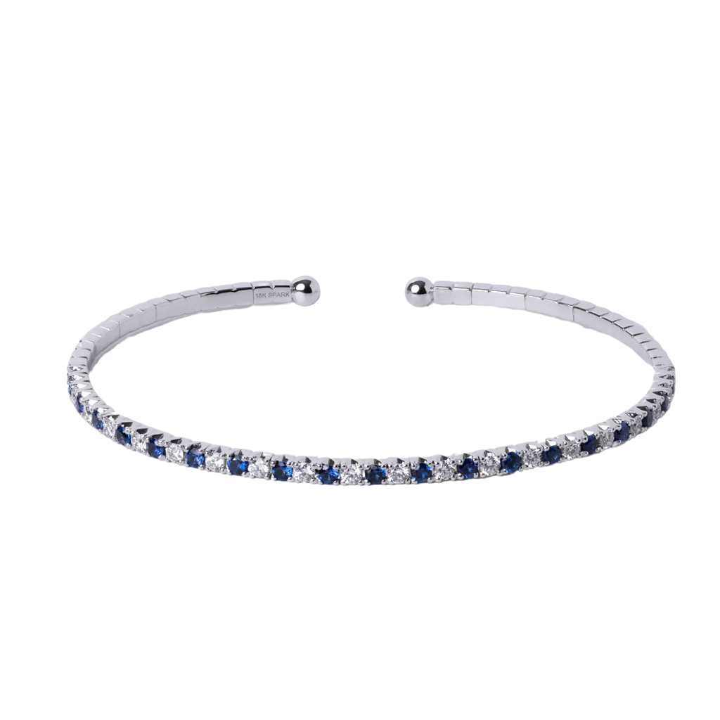 18k White Gold Alternating Diamond and Blue Sapphire Flexible Bangle Bracelet