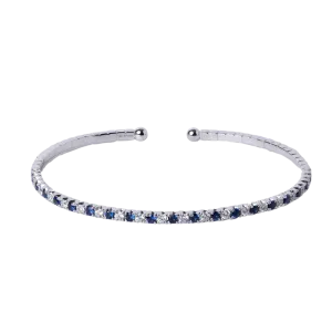 18k White Gold Alternating Diamond and Blue Sapphire Flexible Bangle Bracelet