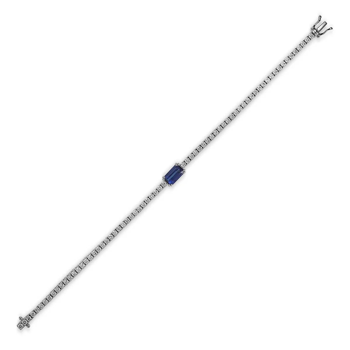 18K White Gold Diamond Tennis Bracelet with East to West Emerald Cut Sapphire Center