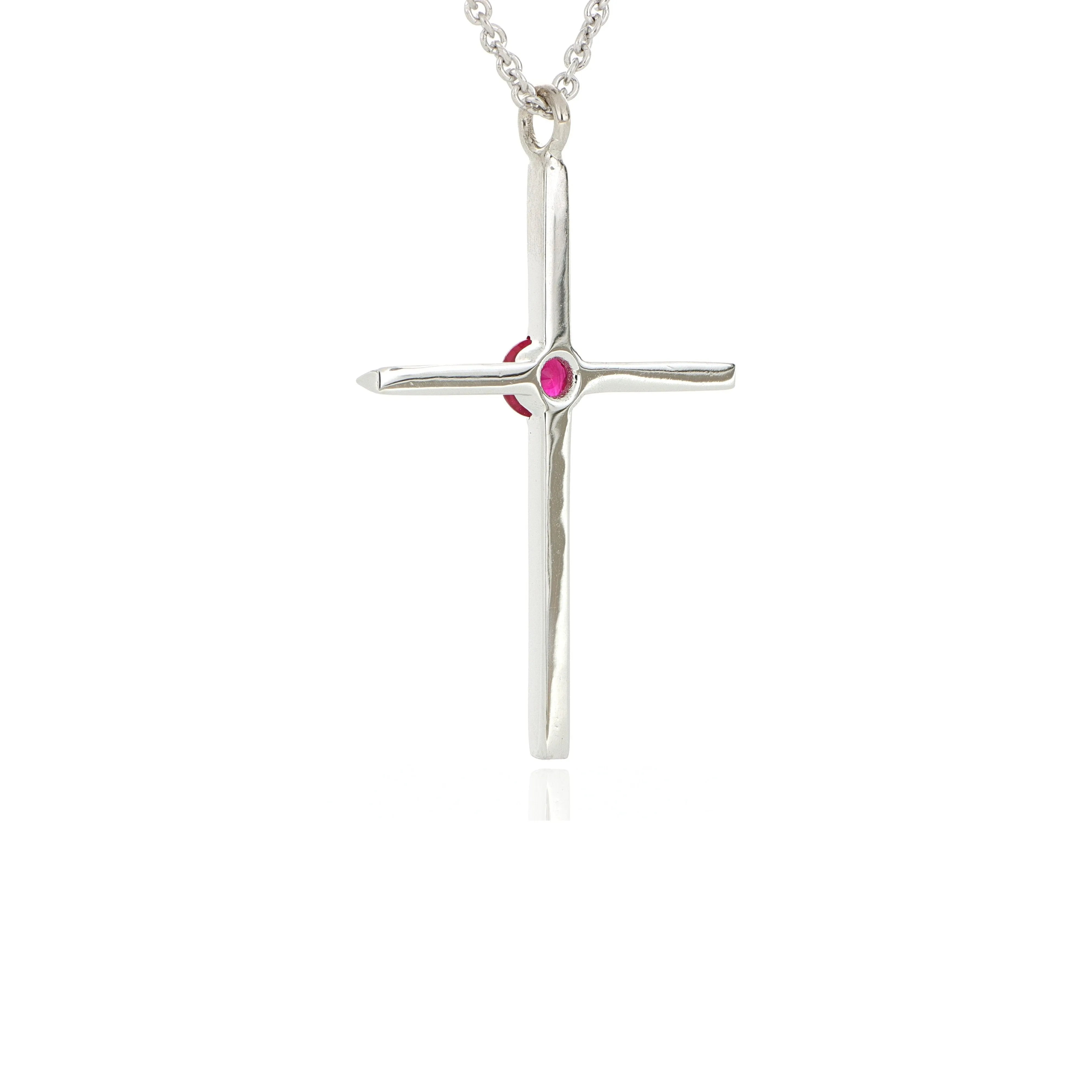 18k White Gold Knife Edge Cross with Ruby Center Necklace