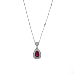 18K White Gold Pear Ruby with Double Diamond Halo Pendant Necklace
