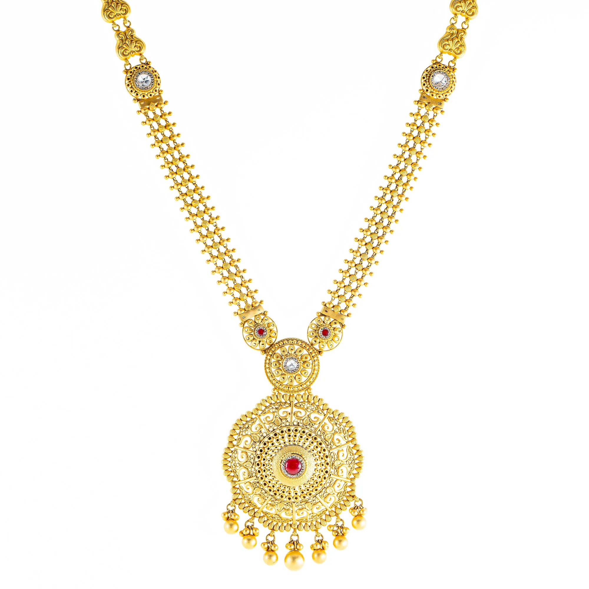 22K Yellow Gold Bridal Necklace Set w/ Kundan & Ruby (79.4gm)