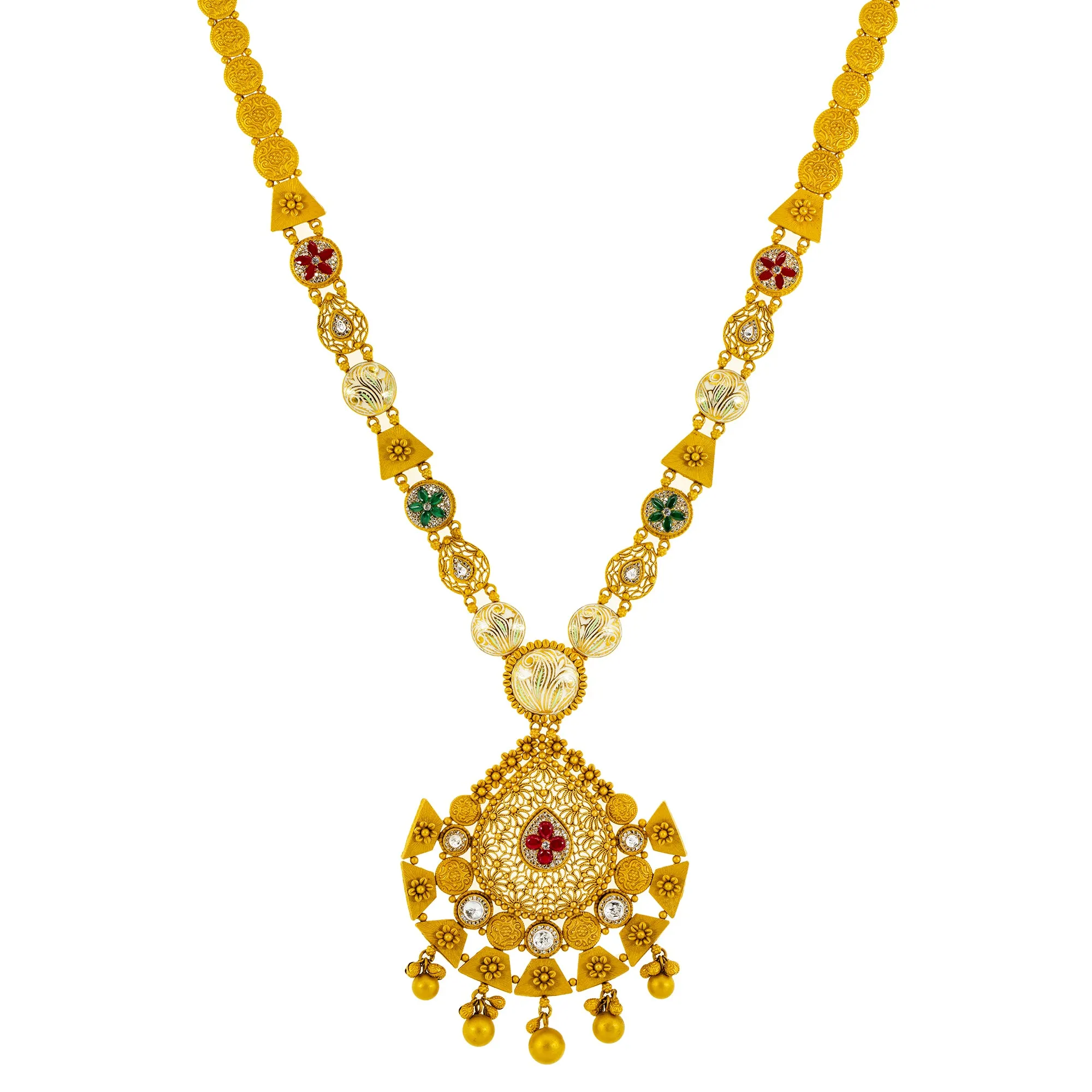 22K Yellow Gold, Kundan & Ruby Necklace & Earrings Set (82.4 grams)