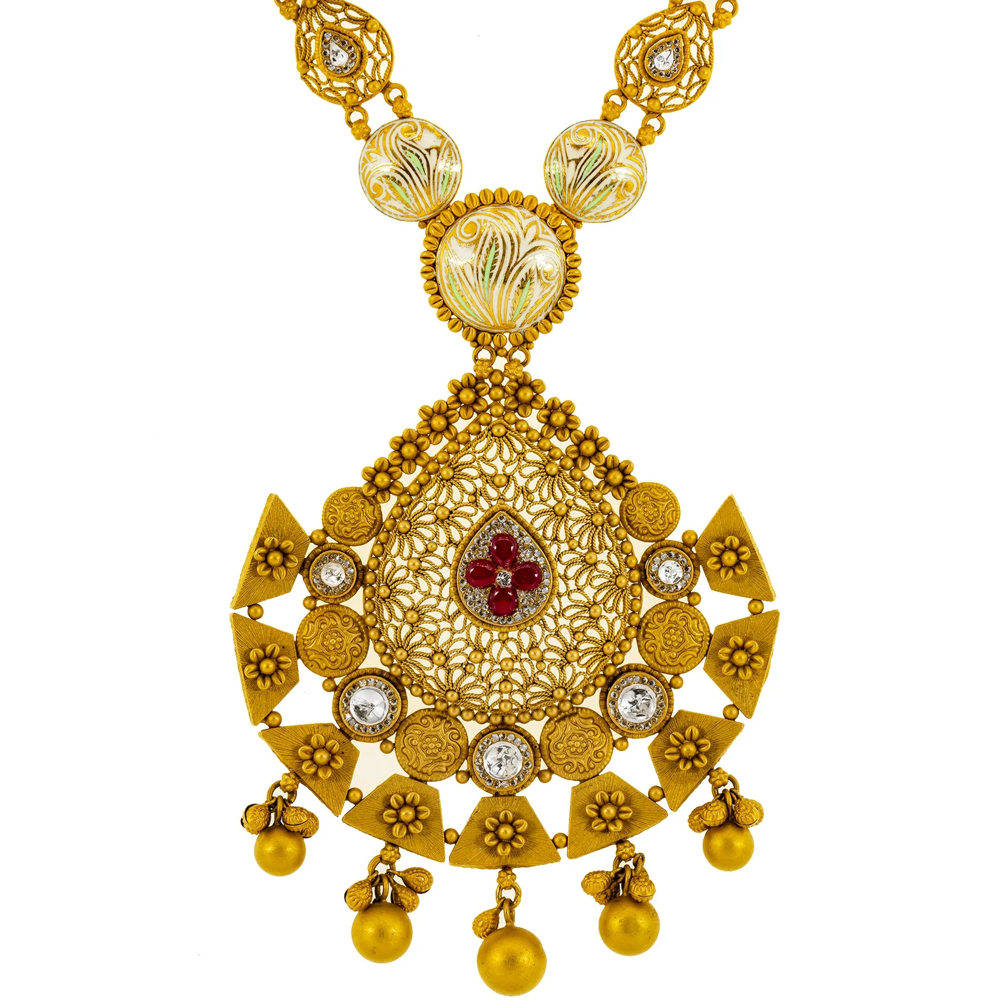 22K Yellow Gold, Kundan & Ruby Necklace & Earrings Set (82.4 grams)
