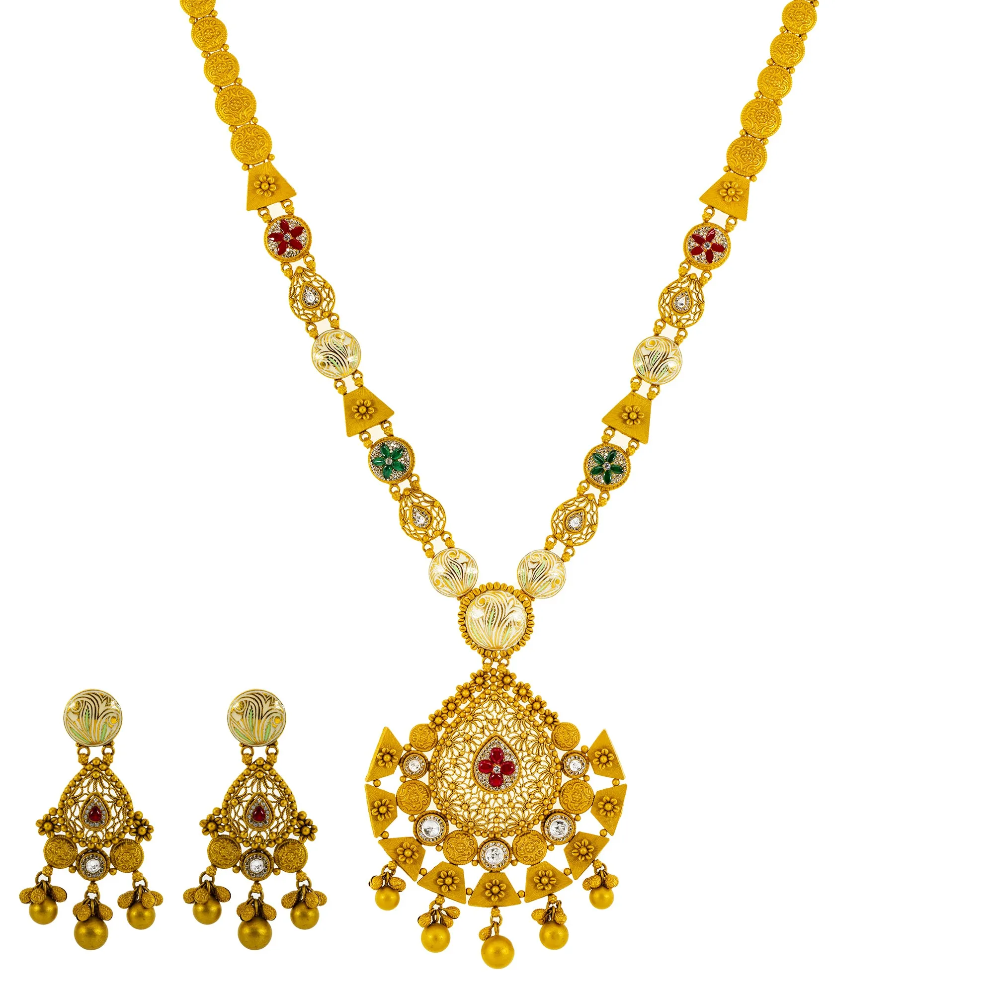 22K Yellow Gold, Kundan & Ruby Necklace & Earrings Set (82.4 grams)