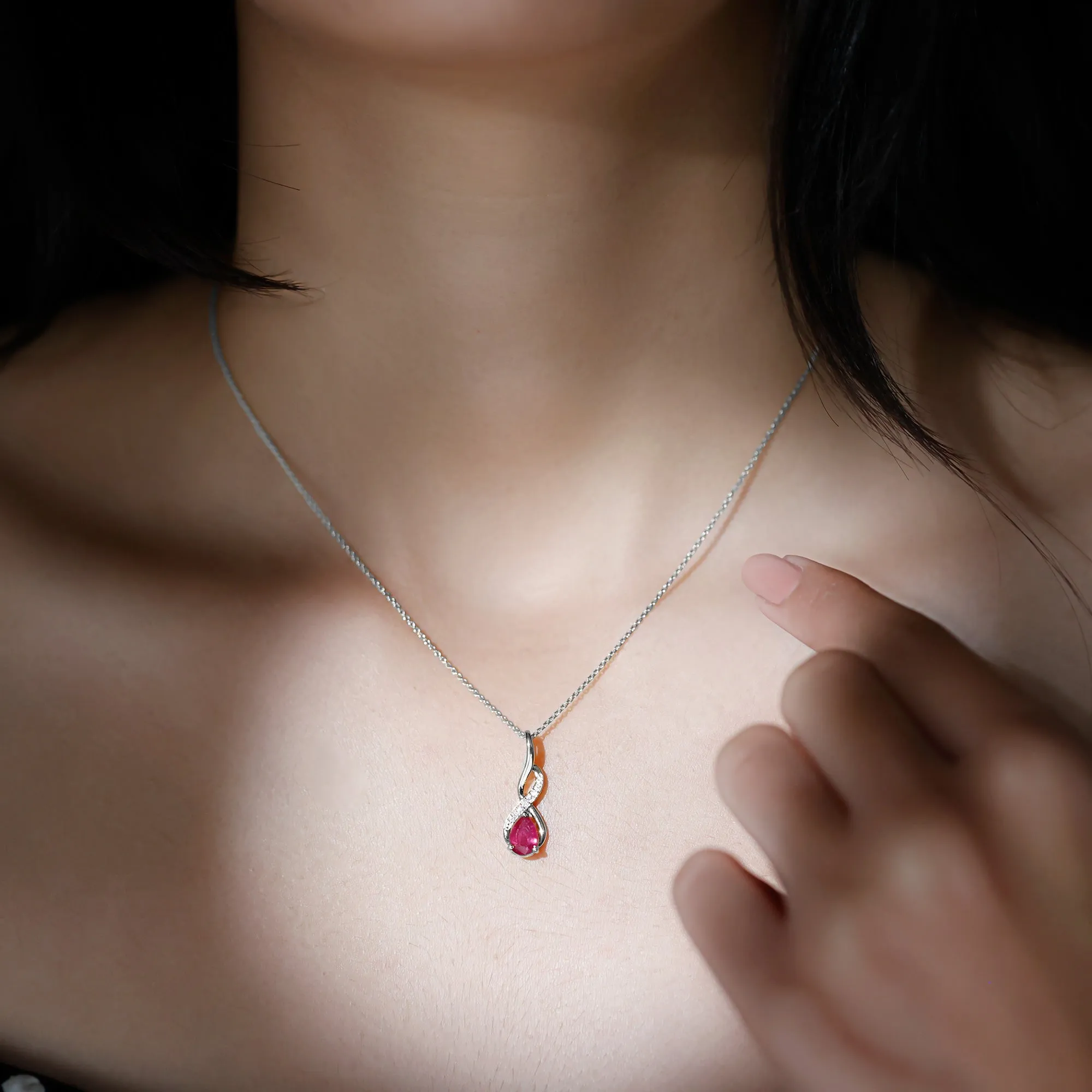 3/4 CT Created Ruby Teardrop Infinity Pendant with Moissanite