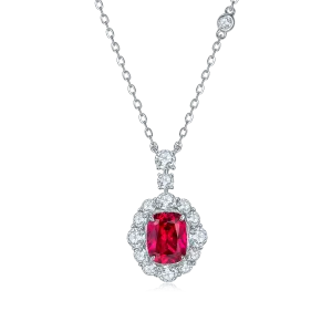 4.0 Carat Rectangular Lab-Created Ruby Oval Halo Necklace in S925 Silver Plated Platinum