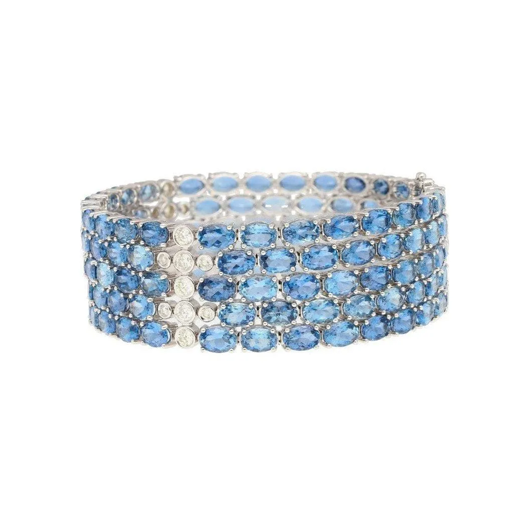 53 Carat Oval Cut Aquamarine and Diamond Multi Row Tennis Bracelet in 18K White Gold