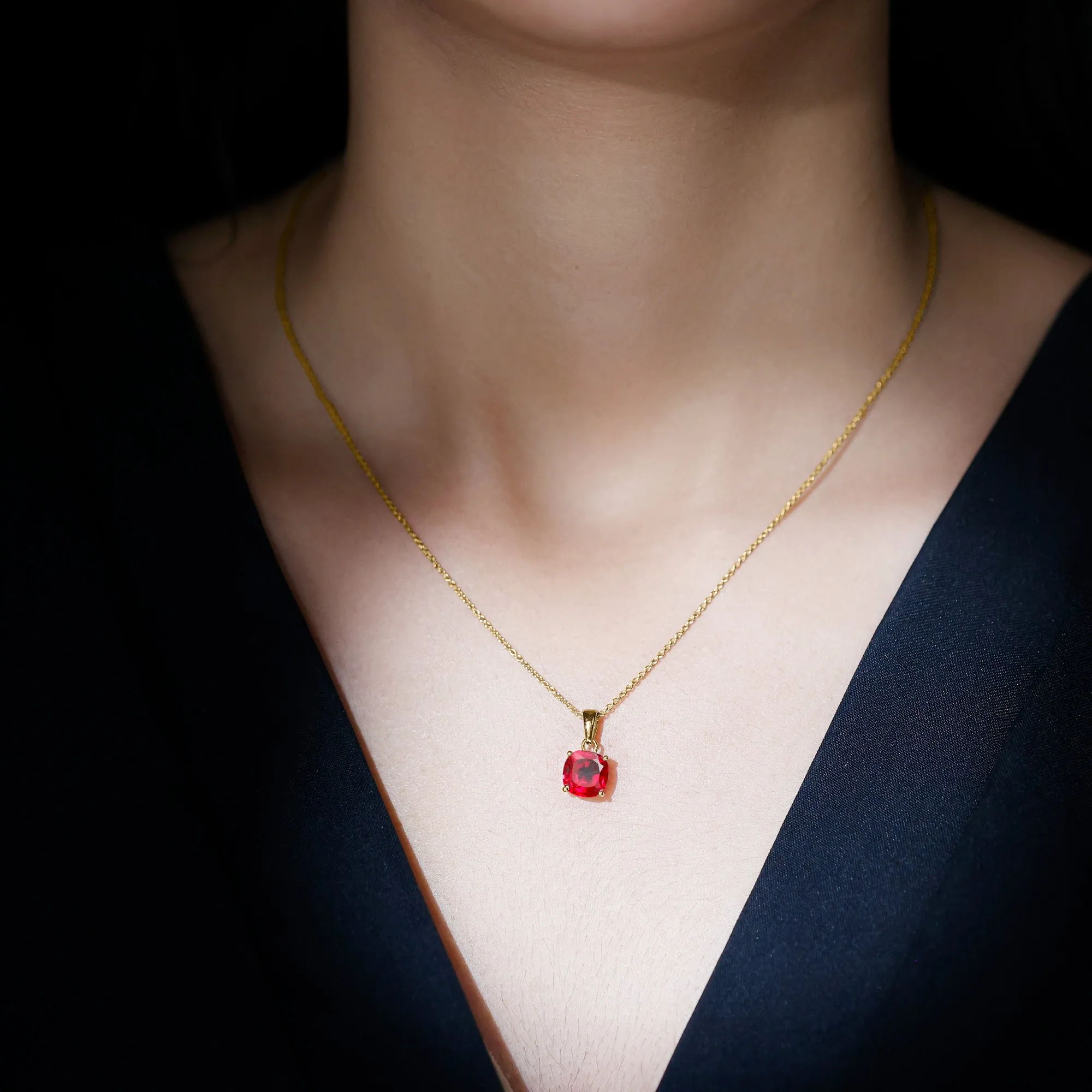 8 MM 4 Prong Set Cushion Shape Created Ruby Solitaire Pendant