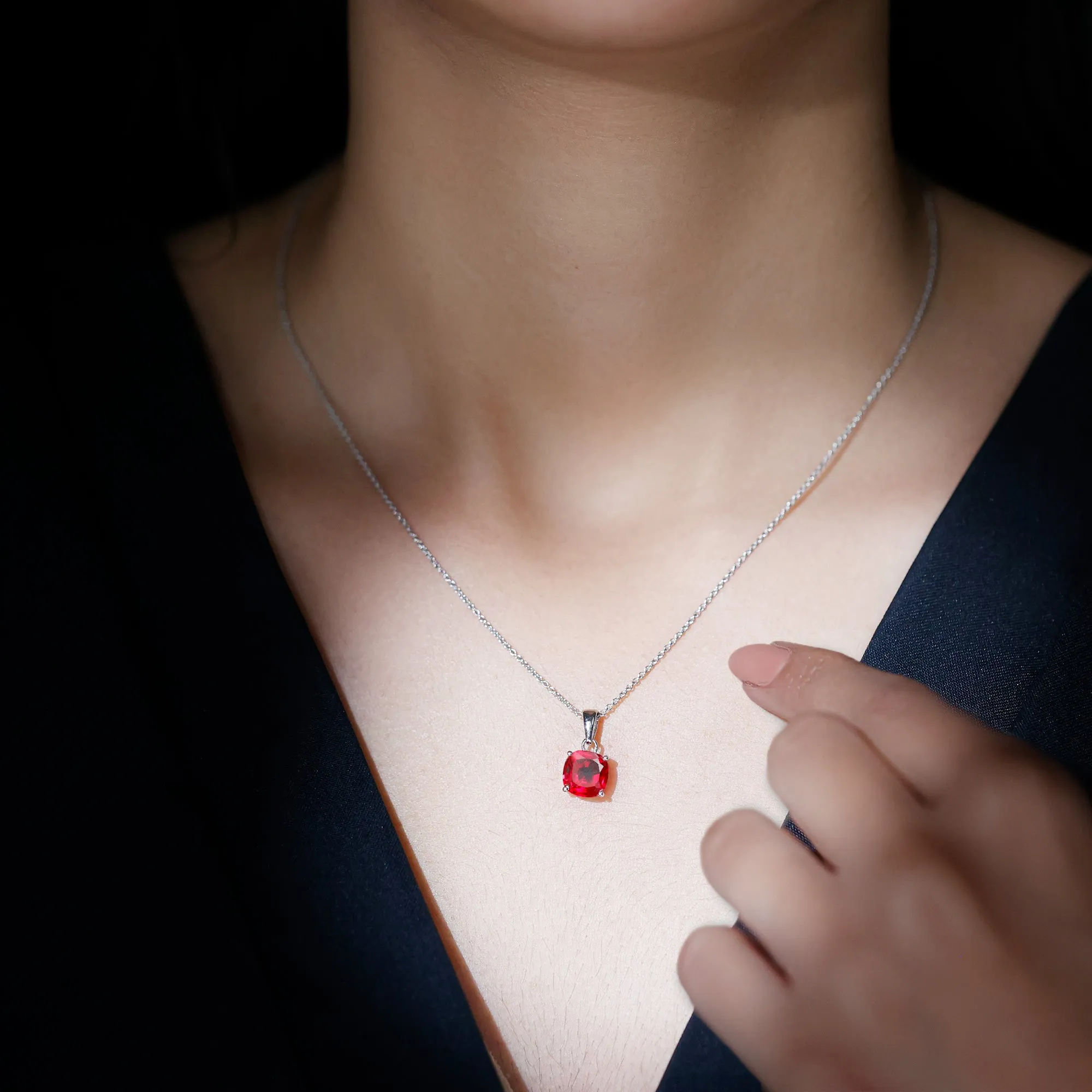 8 MM 4 Prong Set Cushion Shape Created Ruby Solitaire Pendant
