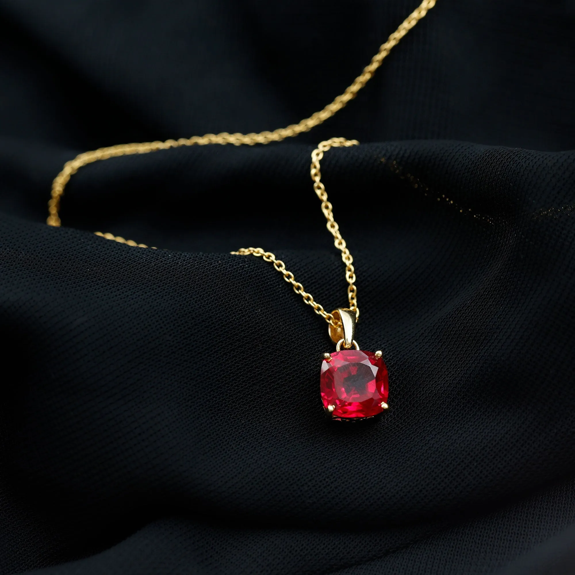 8 MM 4 Prong Set Cushion Shape Created Ruby Solitaire Pendant