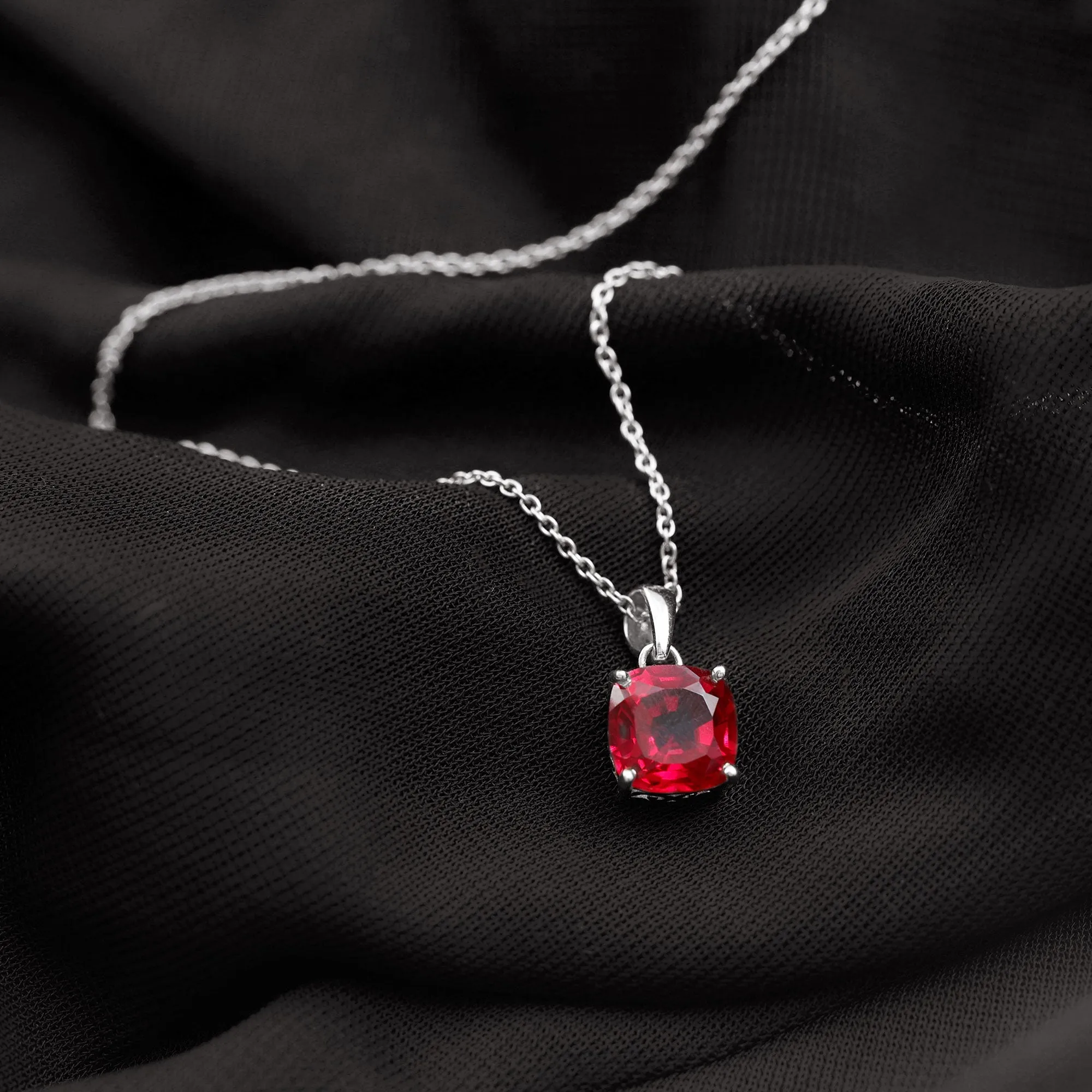 8 MM 4 Prong Set Cushion Shape Created Ruby Solitaire Pendant
