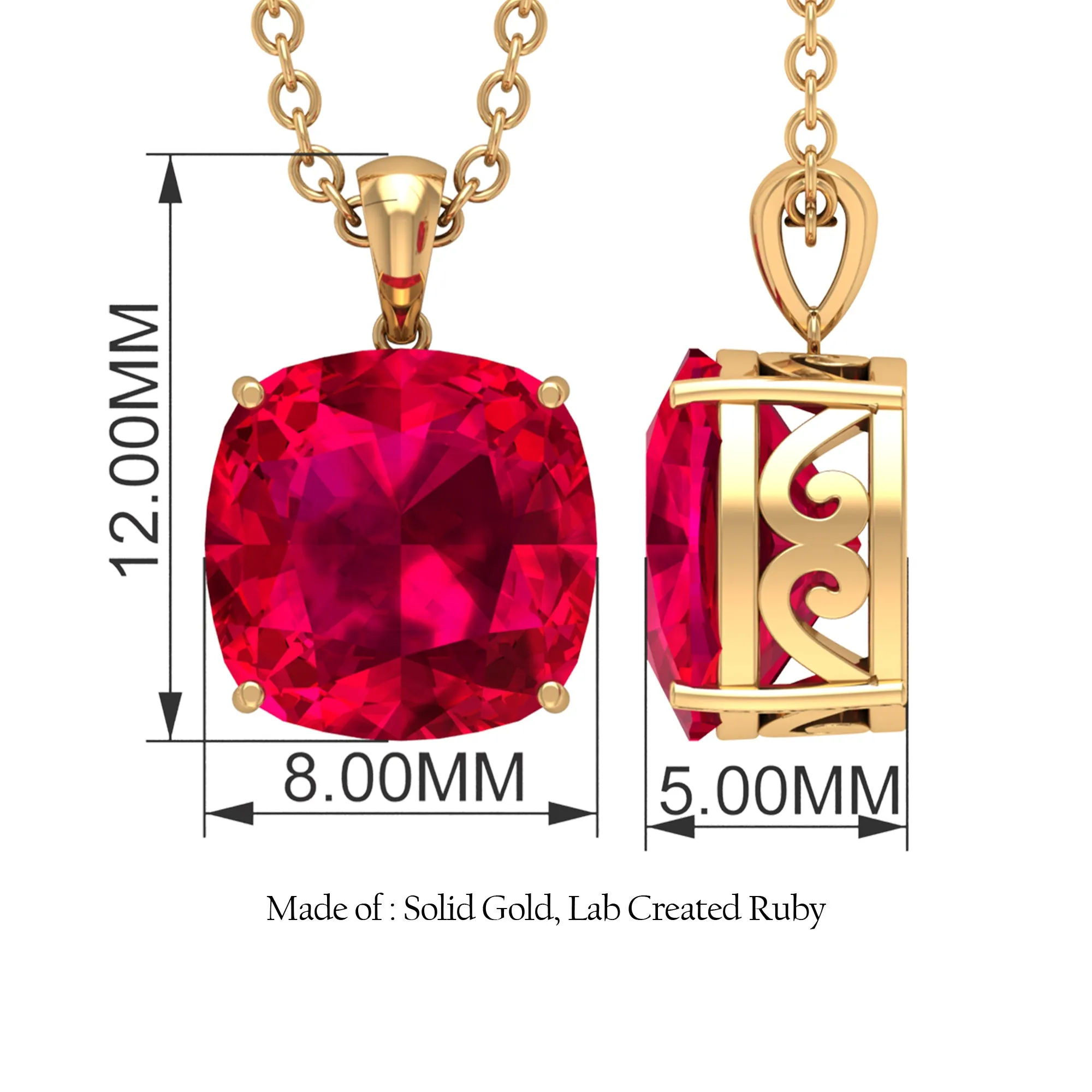 8 MM 4 Prong Set Cushion Shape Created Ruby Solitaire Pendant