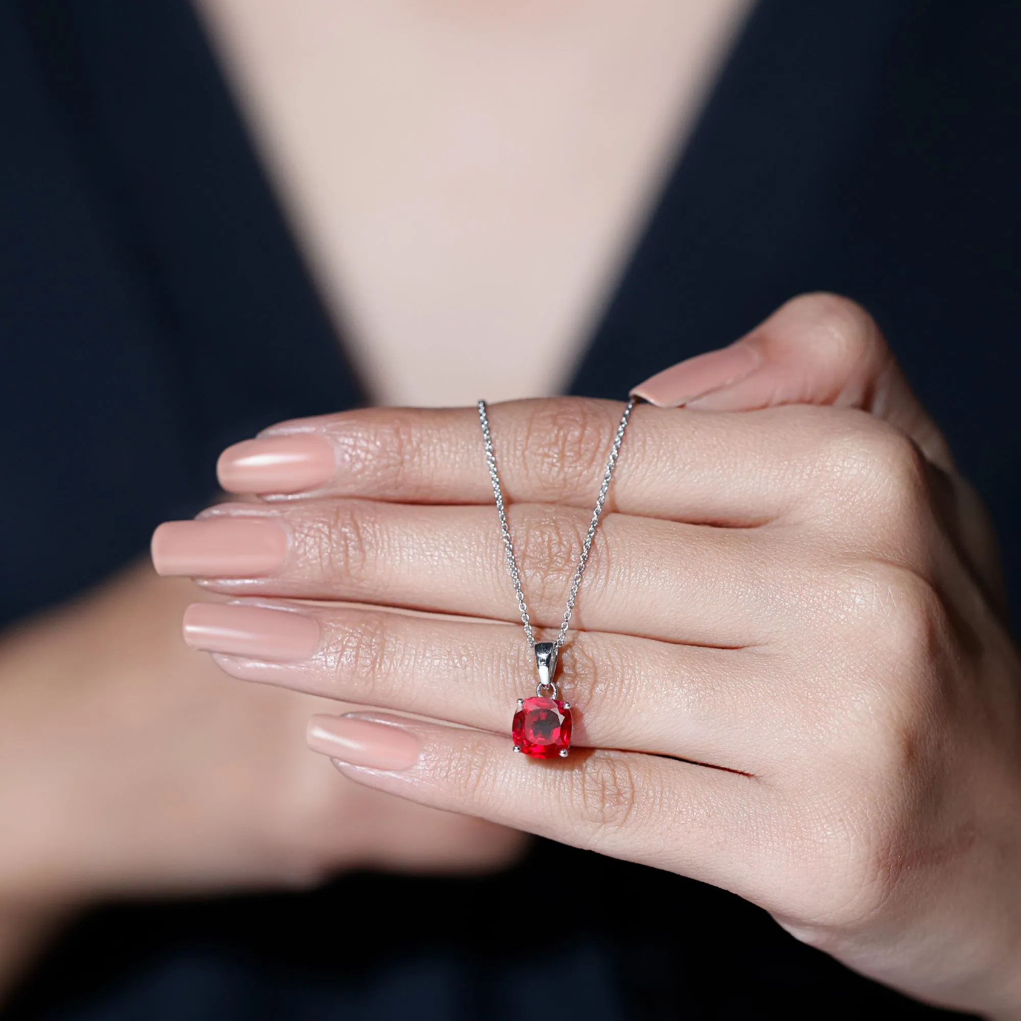 8 MM 4 Prong Set Cushion Shape Created Ruby Solitaire Pendant