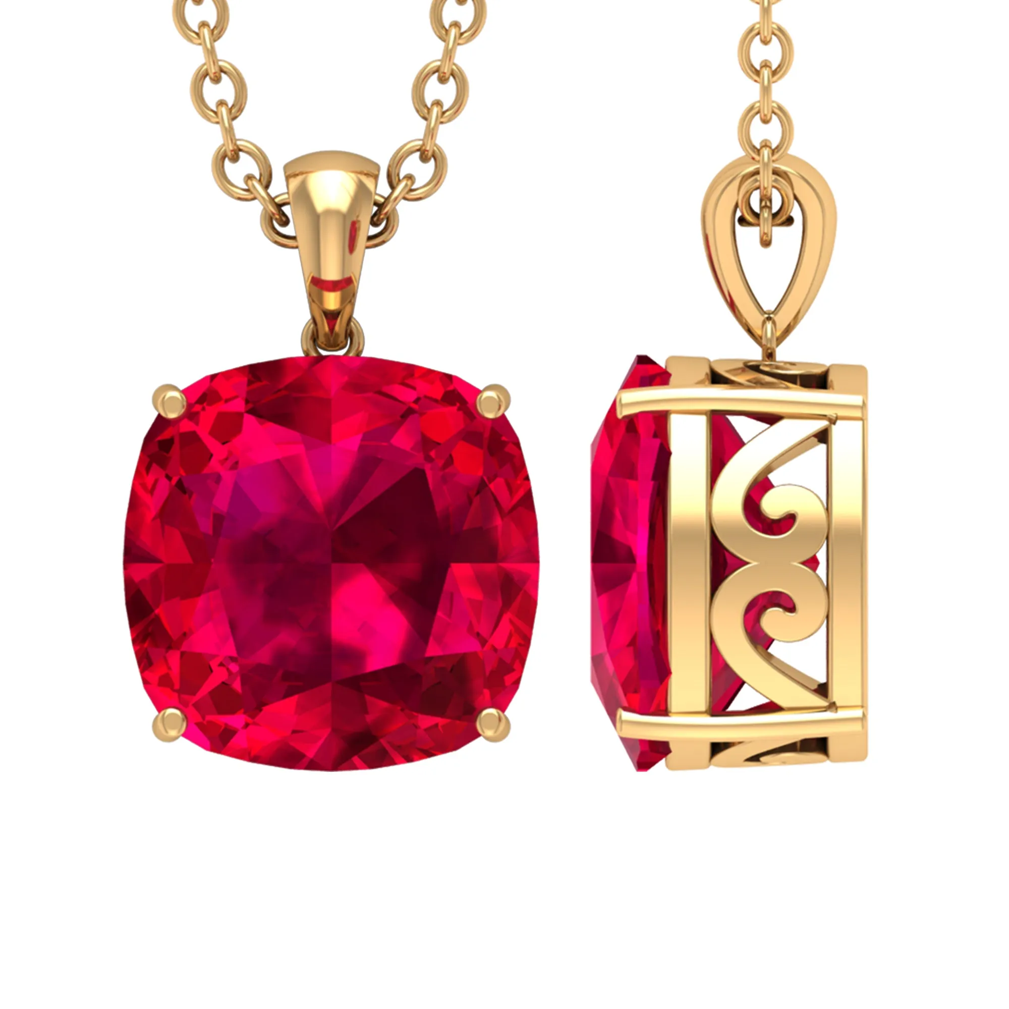 8 MM 4 Prong Set Cushion Shape Created Ruby Solitaire Pendant