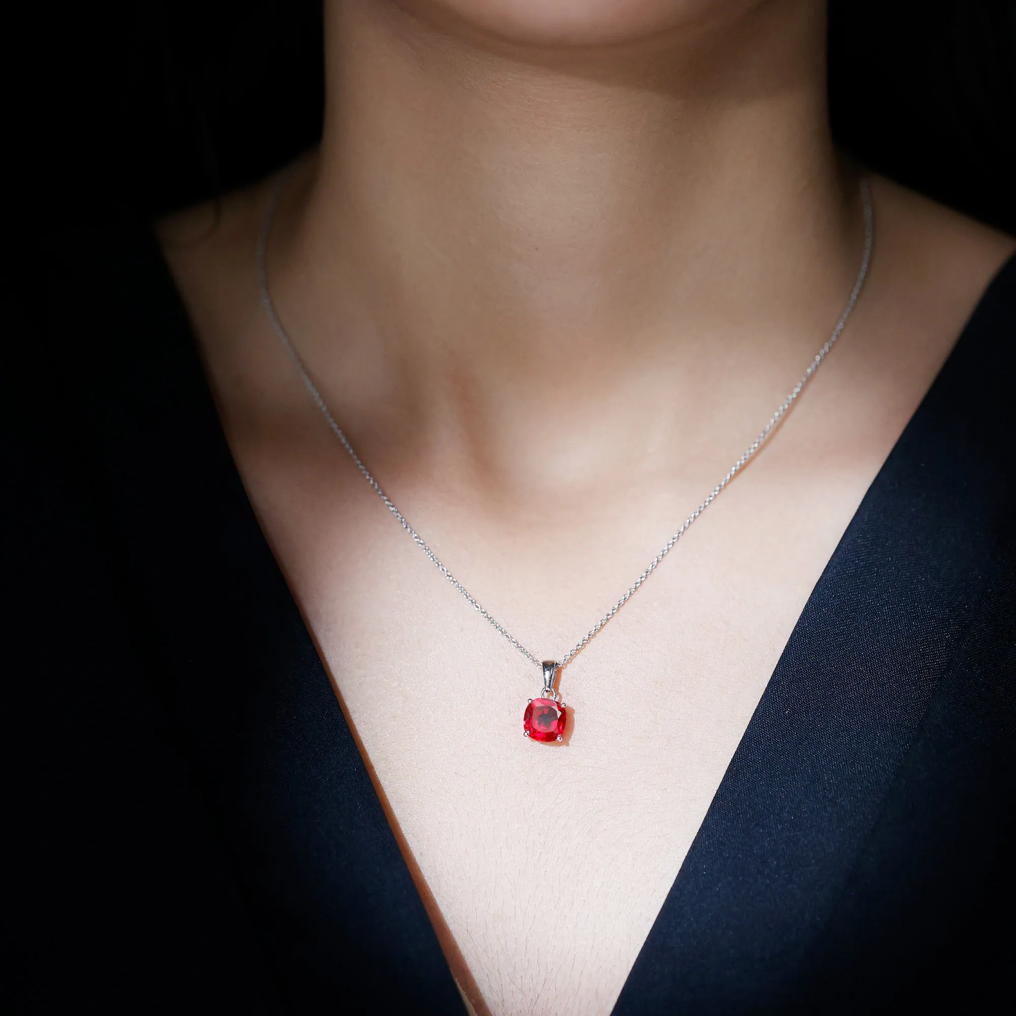 8 MM 4 Prong Set Cushion Shape Created Ruby Solitaire Pendant