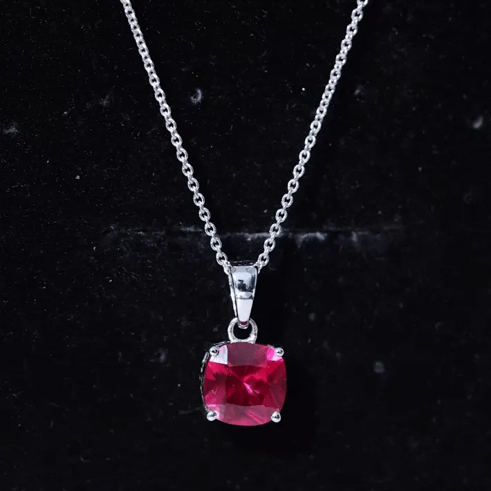 8 MM 4 Prong Set Cushion Shape Created Ruby Solitaire Pendant