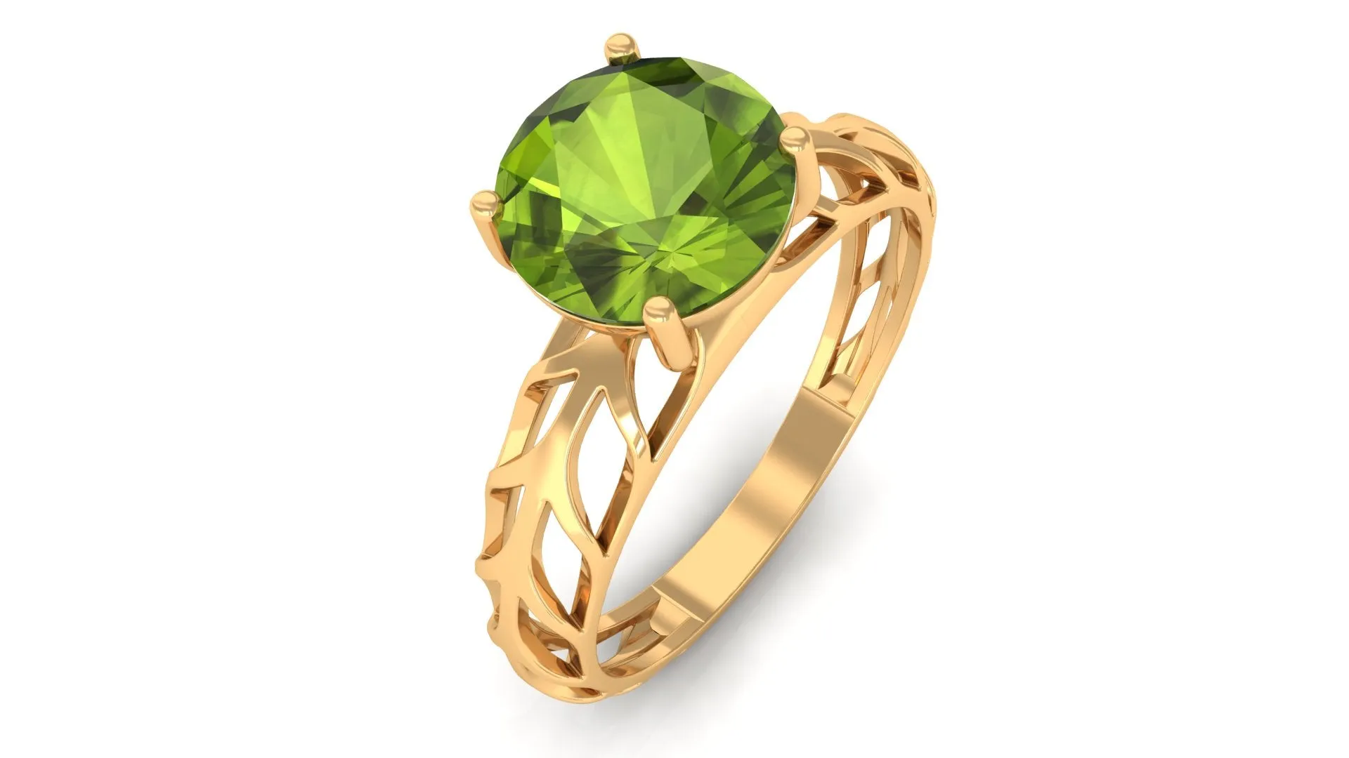 8 MM Round Peridot Solitaire Gold Cut Work Ring in Prong Setting